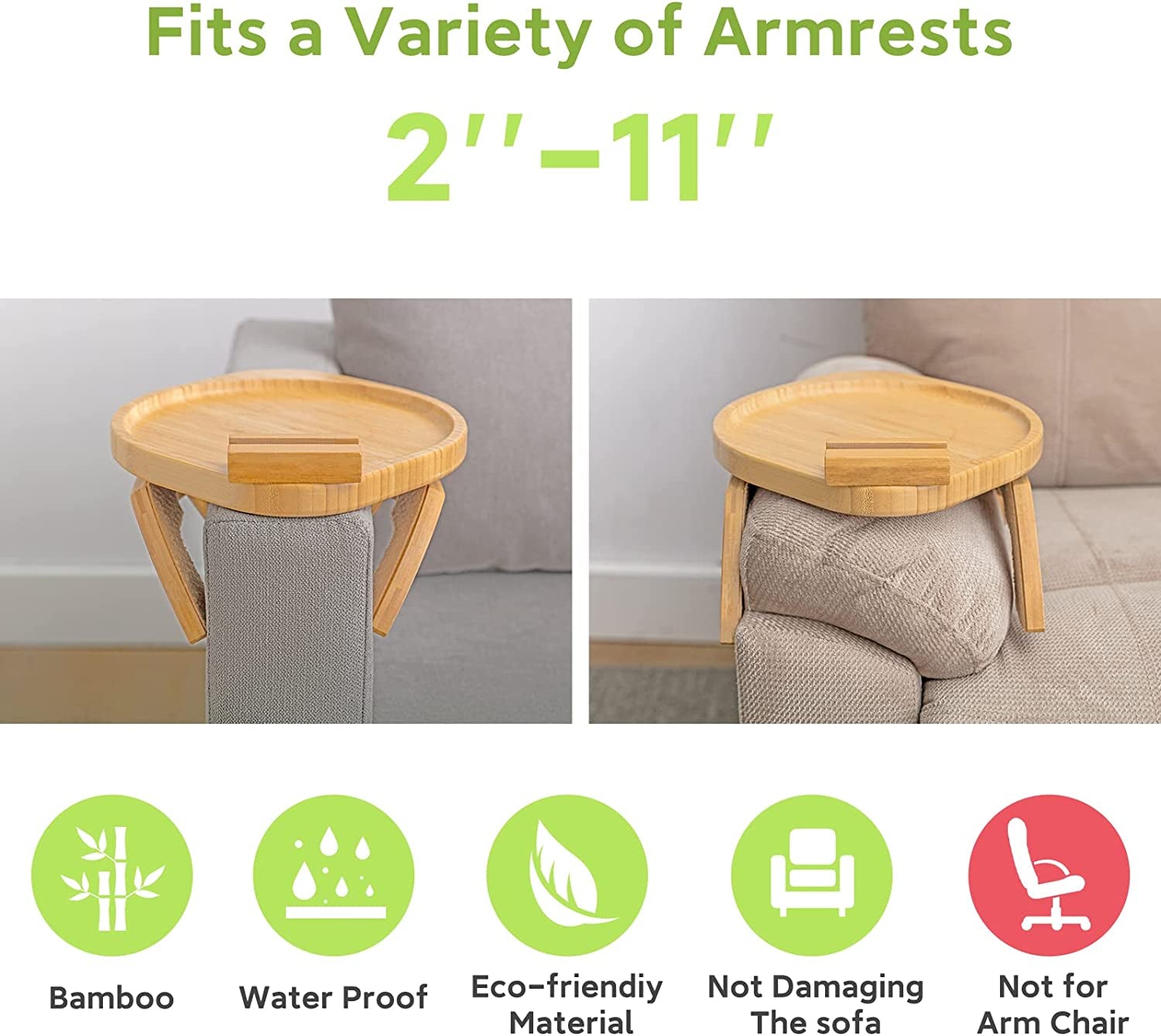 Bamboo Sofa Tray Table Clip on Side Table Couch Arm with 360° Rotating Phone Holder, Couch Tray for Arm, Sofa Table for Eating/Drinks/Snacks/Remote/Control, Nature, 11.8'D X 9.8'W X 1.7'H