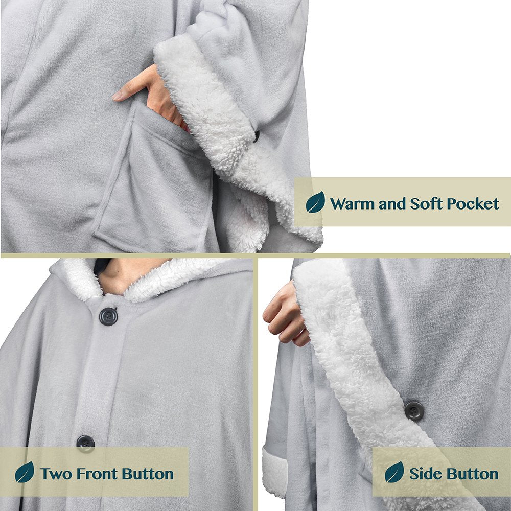 Angel Wrap Hooded Blanket, Wearable Blanket Women, Cozy Poncho Wrap Throw for Adult, Plush Soft Sherpa Fleece Cape Shawl with Pockets Hood, Gift for Wife Mother, Light Gray