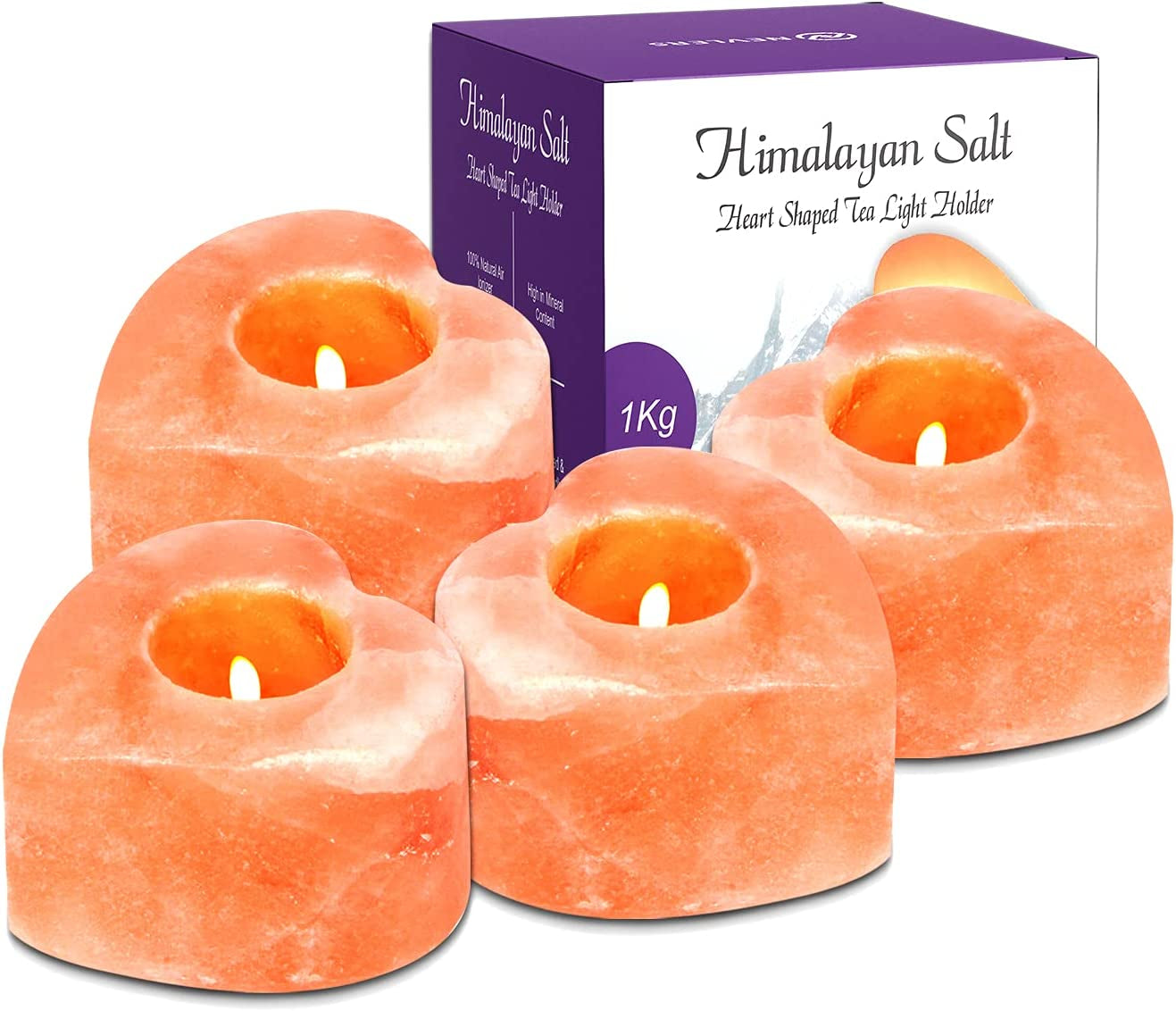 4 Pack Pure Himalayan Salt Candle Holders | Heart Shaped Himalayan Salt Tea Candle Holder | Hand Crafted Himalayan Tealight Holders | Salt Candle Holder for Decor | Salt Lamp Tealight Holders