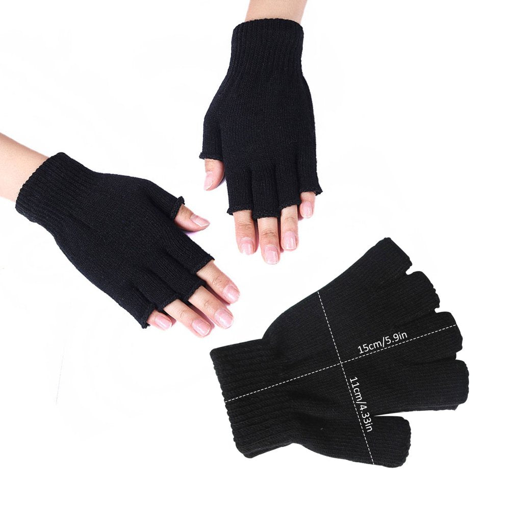 12 Pairs Fingerless Gloves Knit Touchscreen Mittens Black Warm Stretchy Half Finger Gloves for Women Men or Teens