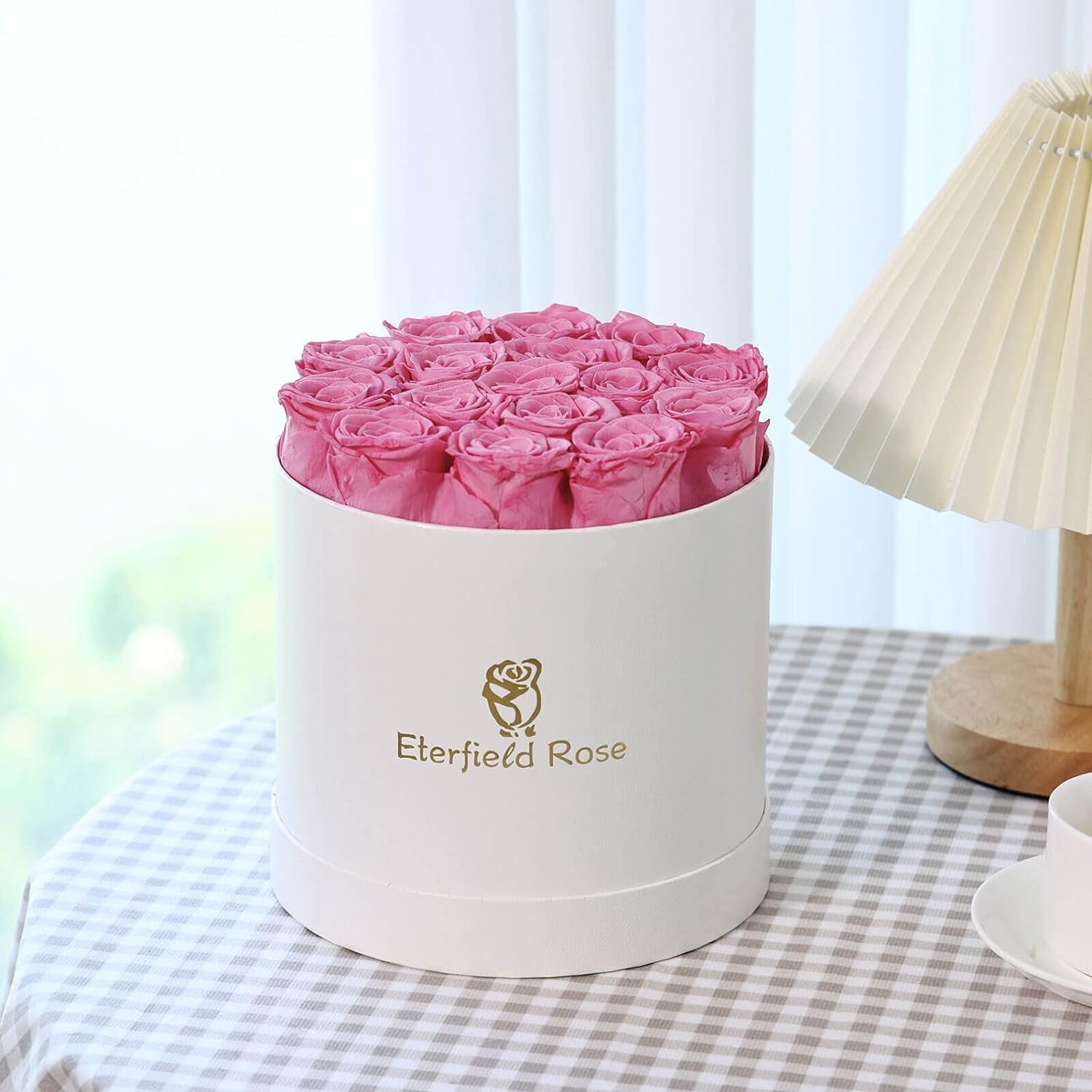 16-Piece Forever Flowers Preserved Rose in a Box Real Roses That Last a Year Preserved Flowers for Delivery Prime Mothers Day Valentines Day Christmas Day (Pink Roses, round White Box)