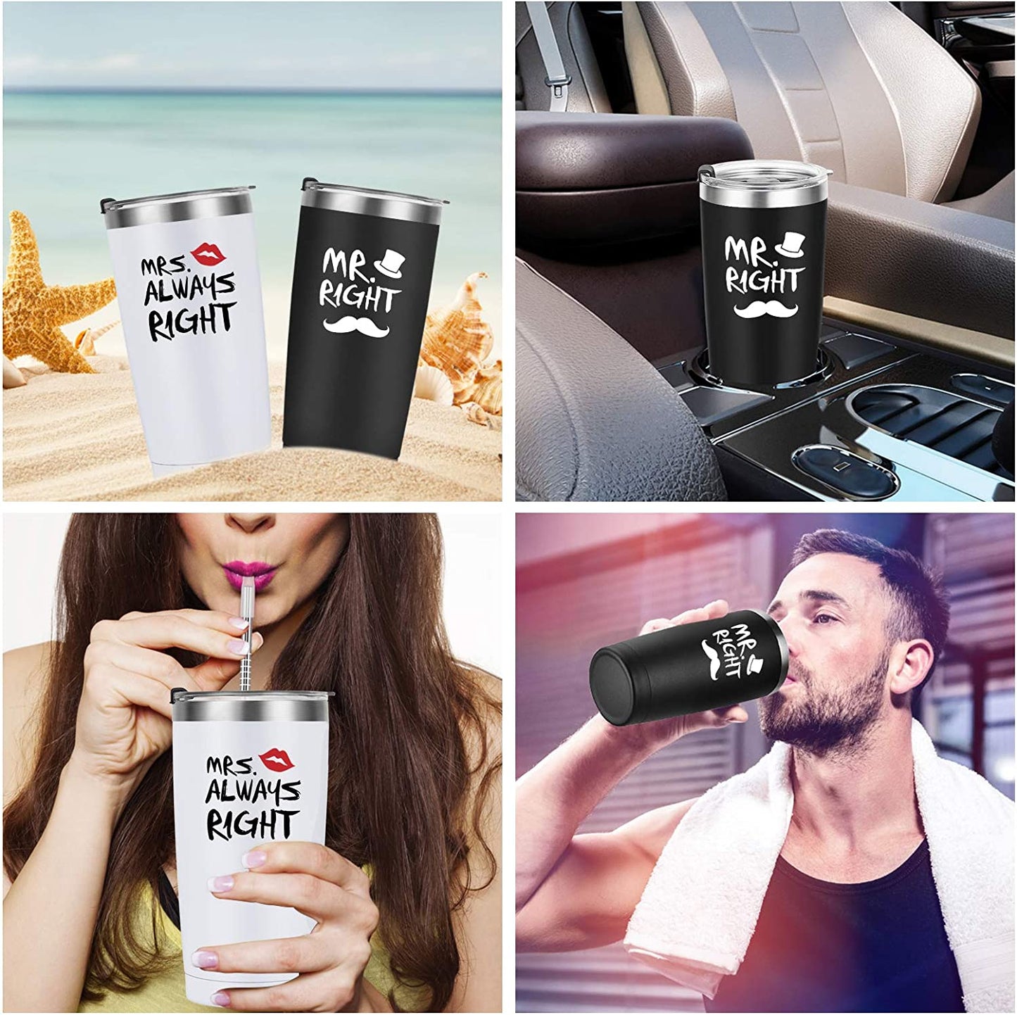 Mr. Right Mrs. Always Right Travel Tumbler Set, Wedding Engagement Gifts for Husband Wife Newlywed Couples Bride Groom Anniversary Bridal Shower, 20Oz Stainless Steel Travel Tumbler, Black and White, Mother’s Day 