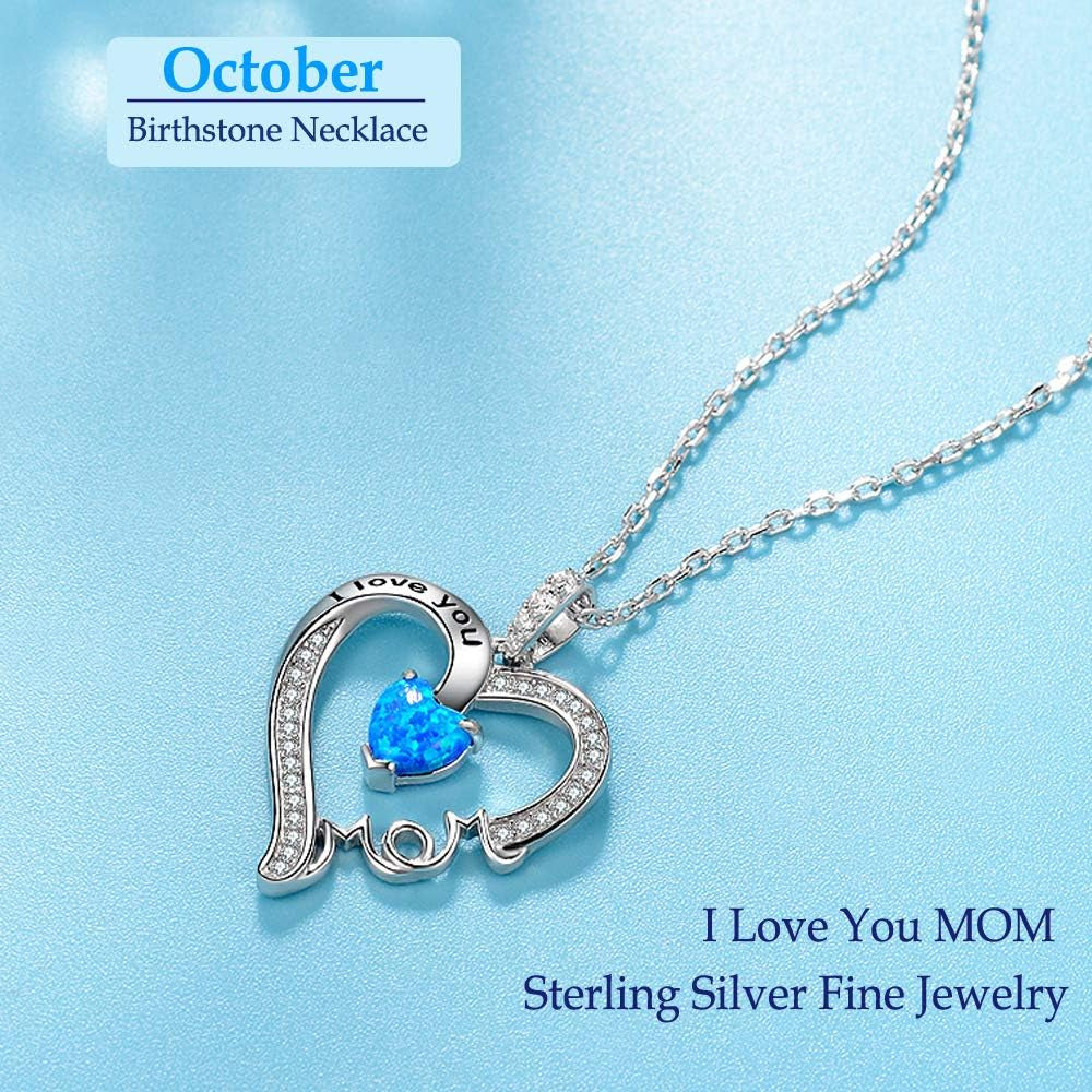 Valentines Day Jewelry Gifts I Love You Mom Necklace for Wife 925 Sterling Silver Pendant with February March Birthstones Amethyst Aquamarine Necklace for Women Birthday Gifts Jewelry Gifts