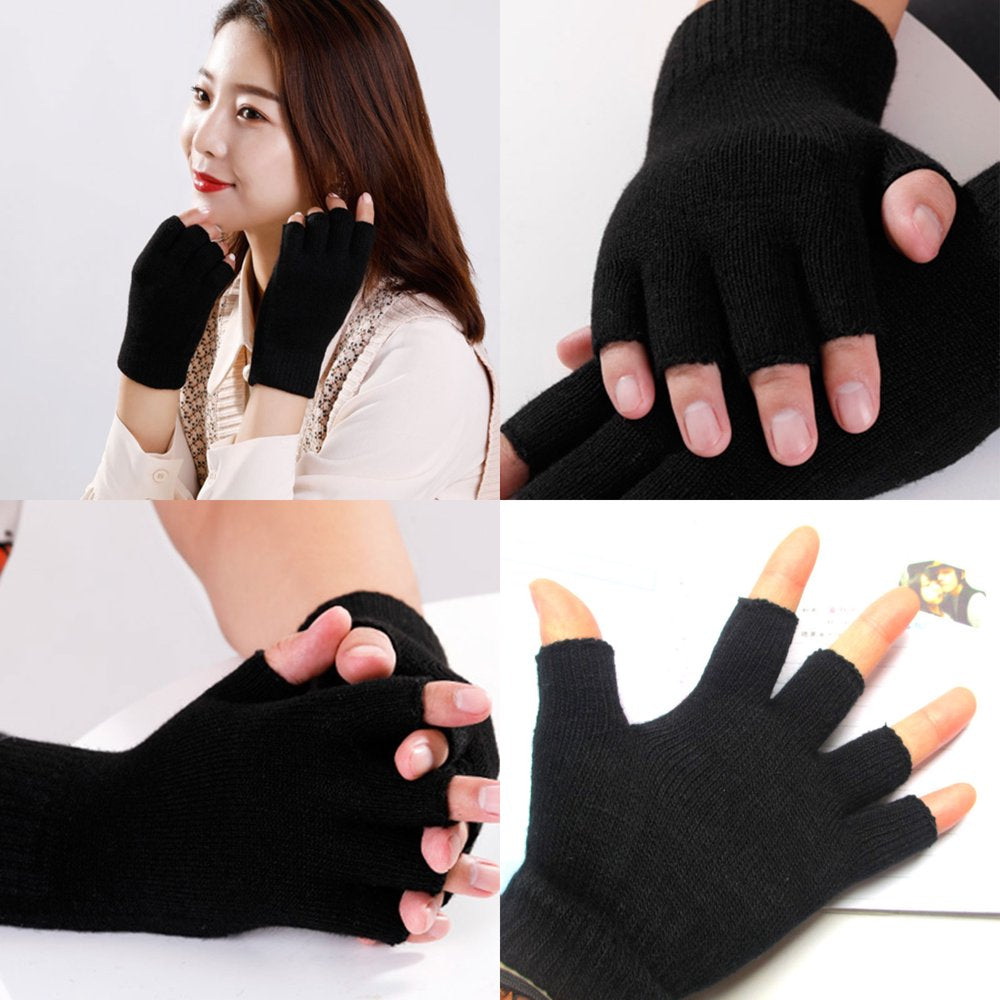 12 Pairs Fingerless Gloves Knit Touchscreen Mittens Black Warm Stretchy Half Finger Gloves for Women Men or Teens