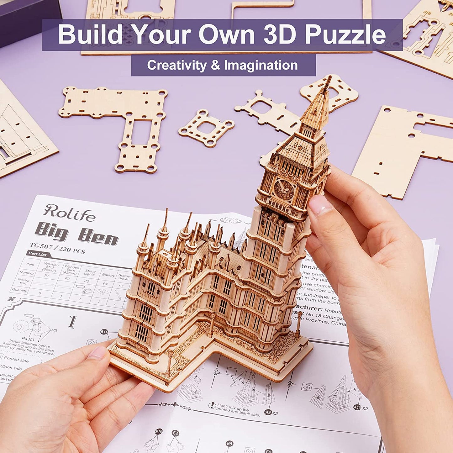 3D Wooden Puzzles Big Ben for Adults & Kids -220 Pieces 3D Puzzle London Architecture Model Kits with LED Desk Decor Gift for Teens/Adults