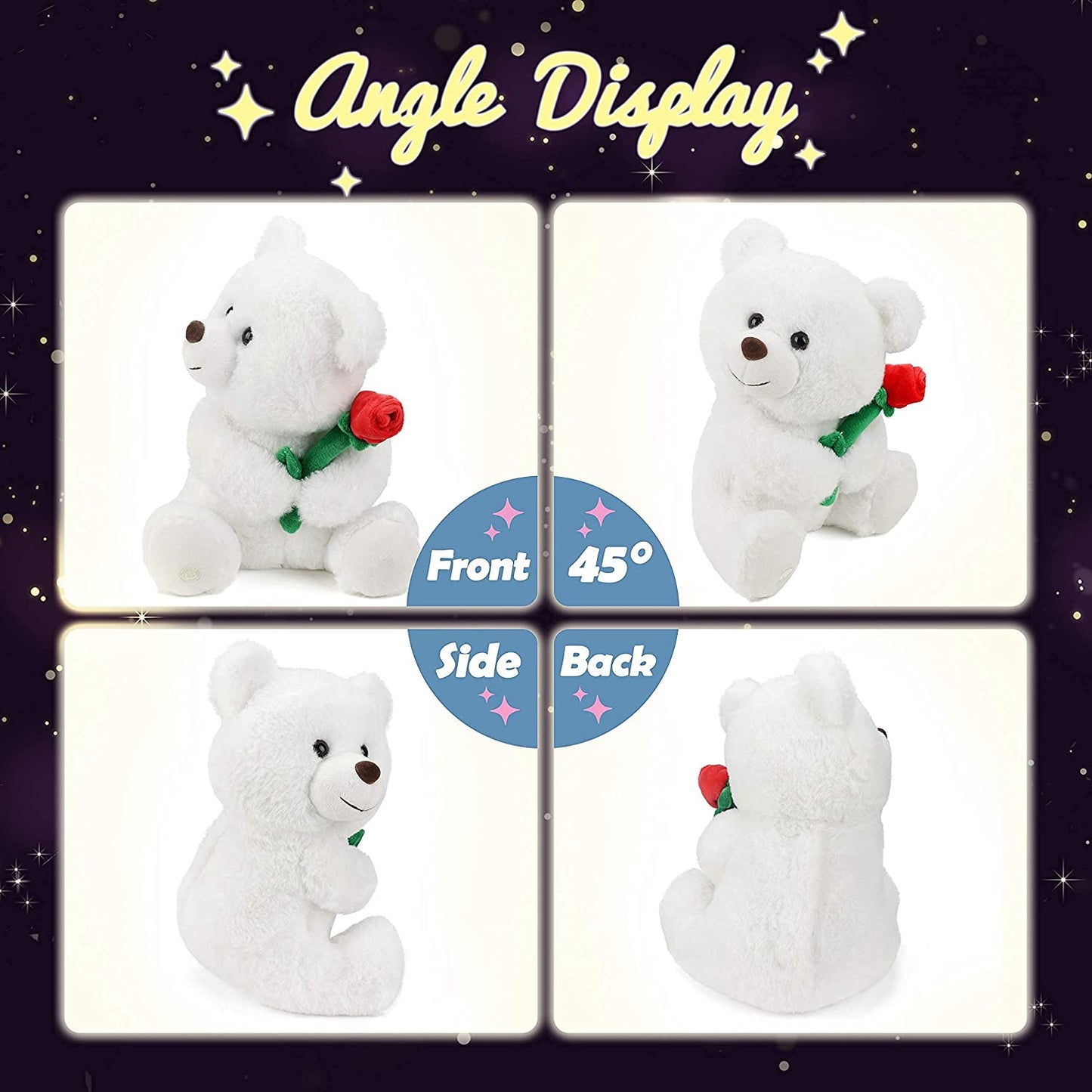 LED Plush Teddy Bear with Rose Lighting up Stuffed Animal Floppy Night Lights Glow in the Dark Birthday Mother'S Day for Kids Girls Toddlers, White, 11''