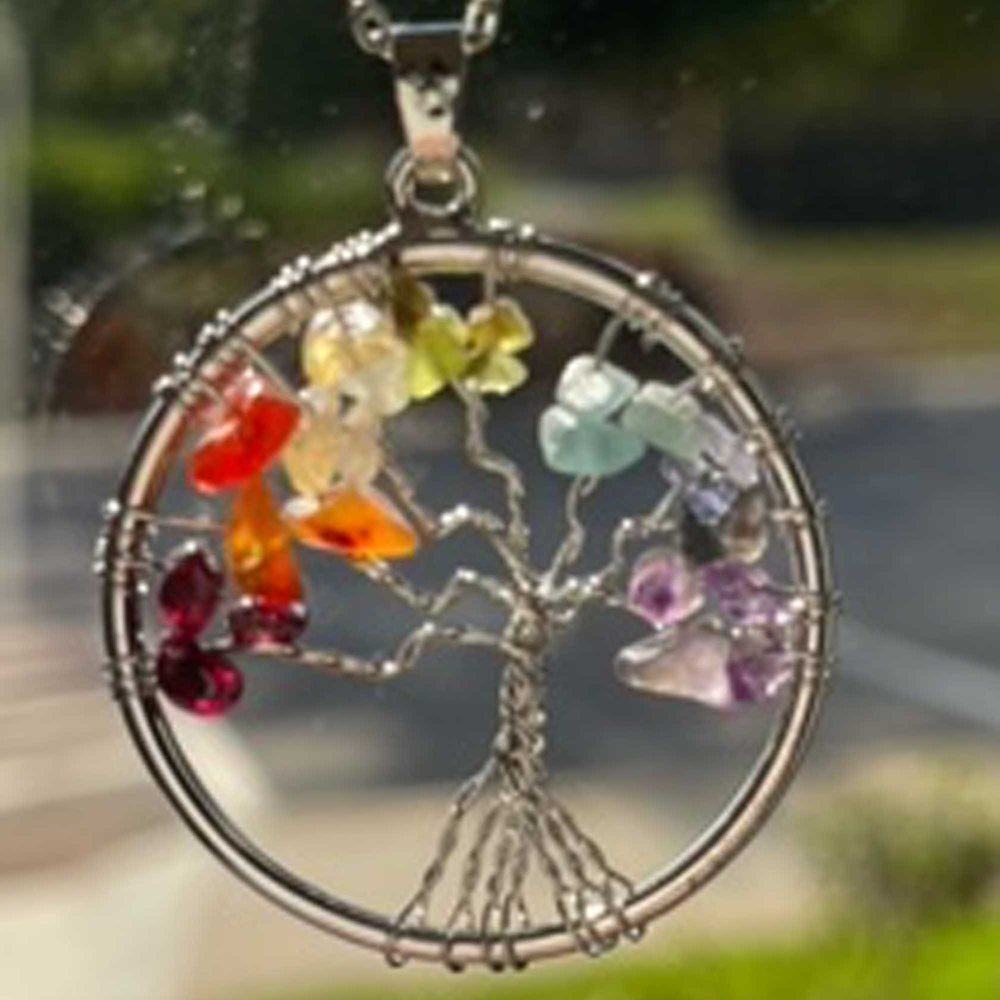 Handmade Genuine Gemstone Rainbow 7 Chakra Crystals Tree of Life Pendant Necklace