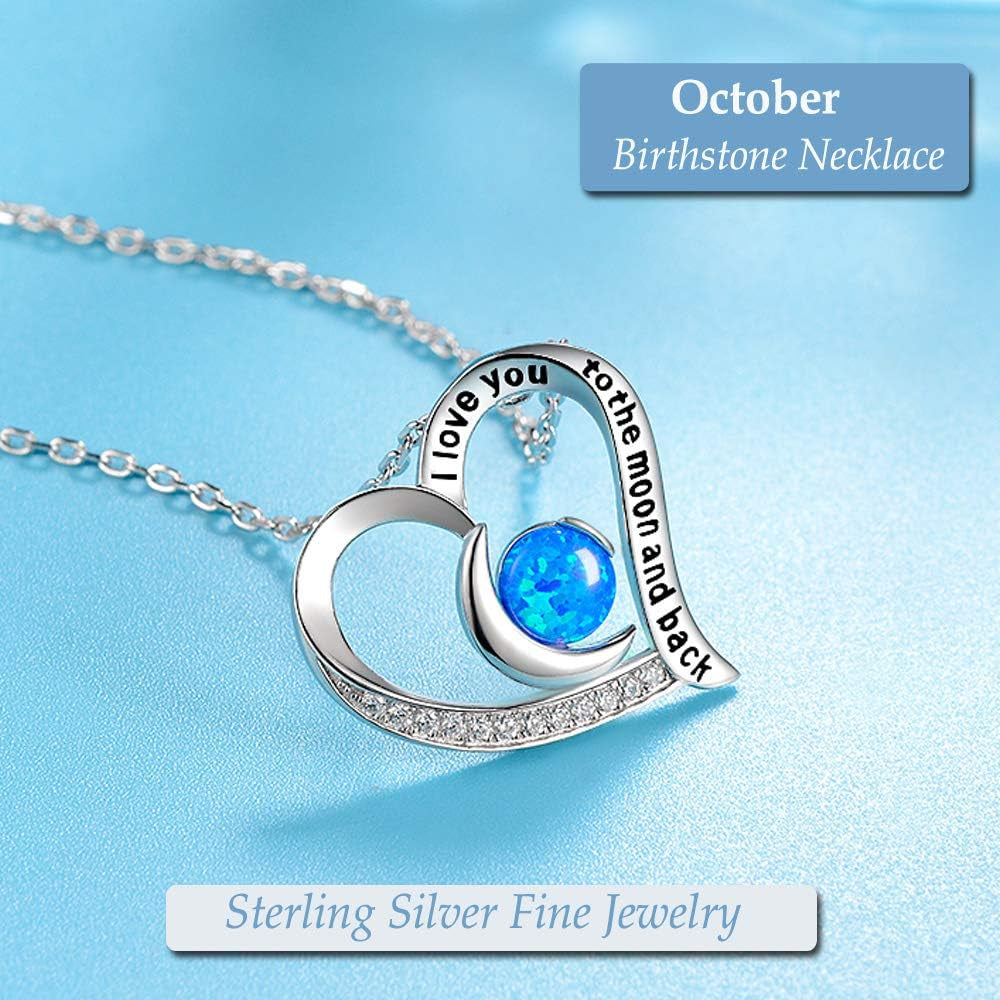 Valentines Day Birthday Gifts I Love You to the Moon and Back Necklace 925 Sterling Silver February March Birthstones Amethyst Aquamarine Necklace for Women Heart Pendant Jewelry for Her