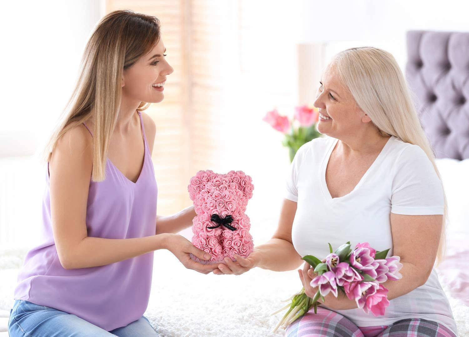 Rose Bear - Rose Teddy Bear on Every Rose Bear -Flower Bear Perfect for Anniversary'S - Clear Gift Box Included! 10 Inche (Light Pink)