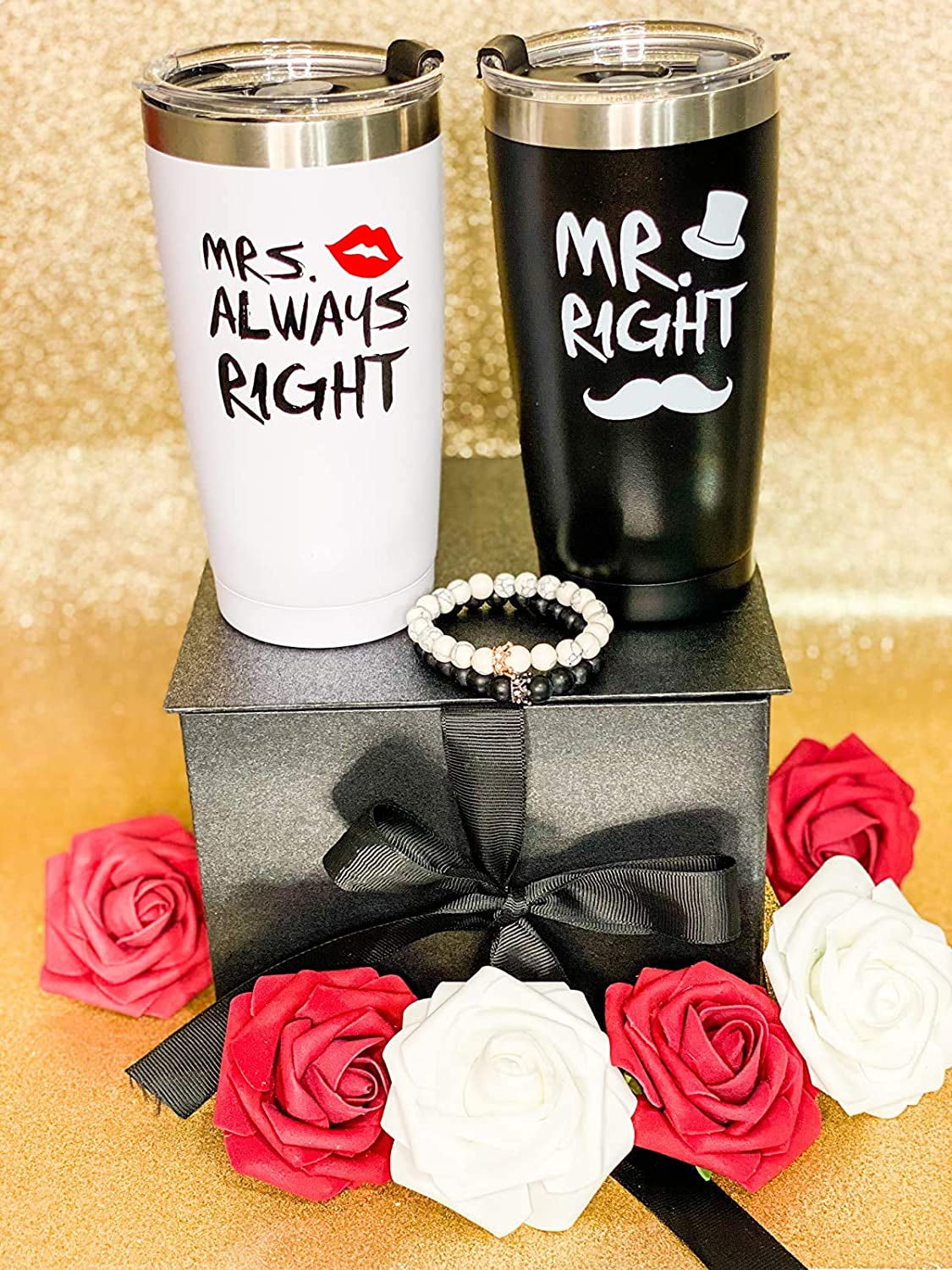 Mr. Right Mrs. Always Right Travel Tumbler Set, Wedding Engagement Gifts for Husband Wife Newlywed Couples Bride Groom Anniversary Bridal Shower, 20Oz Stainless Steel Travel Tumbler, Black and White, Mother’s Day 