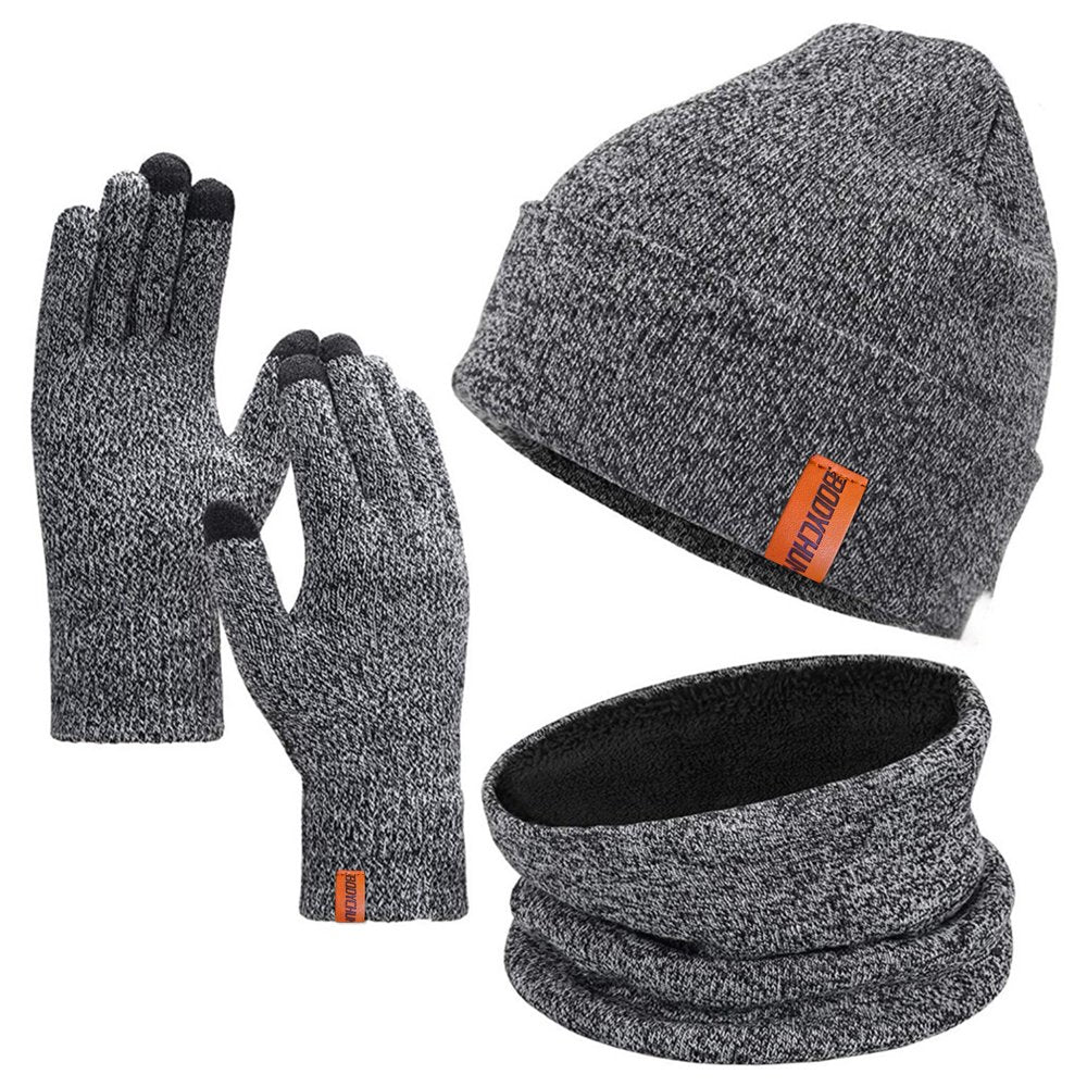 3 Pcs Knit Beanie Hat Scarf and Glove Set for Men and Women, Winter Touchscreen Gloves Fleece Lined Neck Warmer Skull Cap for Skiing, Gray, Christmas Day Gifts