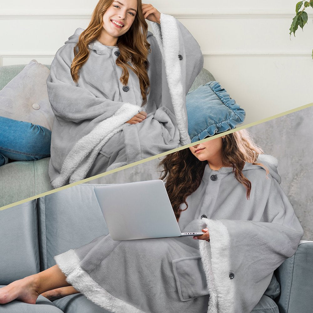 Angel Wrap Hooded Blanket, Wearable Blanket Women, Cozy Poncho Wrap Throw for Adult, Plush Soft Sherpa Fleece Cape Shawl with Pockets Hood, Gift for Wife Mother, Light Gray