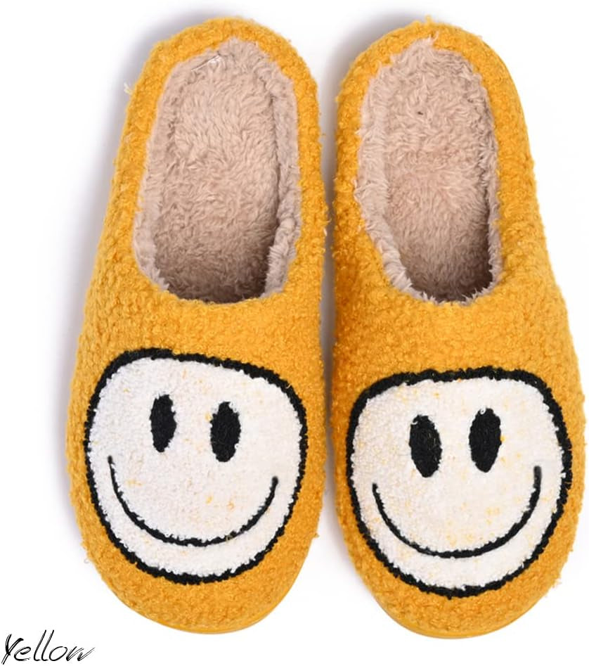 Women'S Men'S Retro Preppy Happy Face Slippers Comfy Warm Plush Slip-On House Slipper for Winter Indoor Soft Cushion Non-Slip Fluffy Slides Slippers