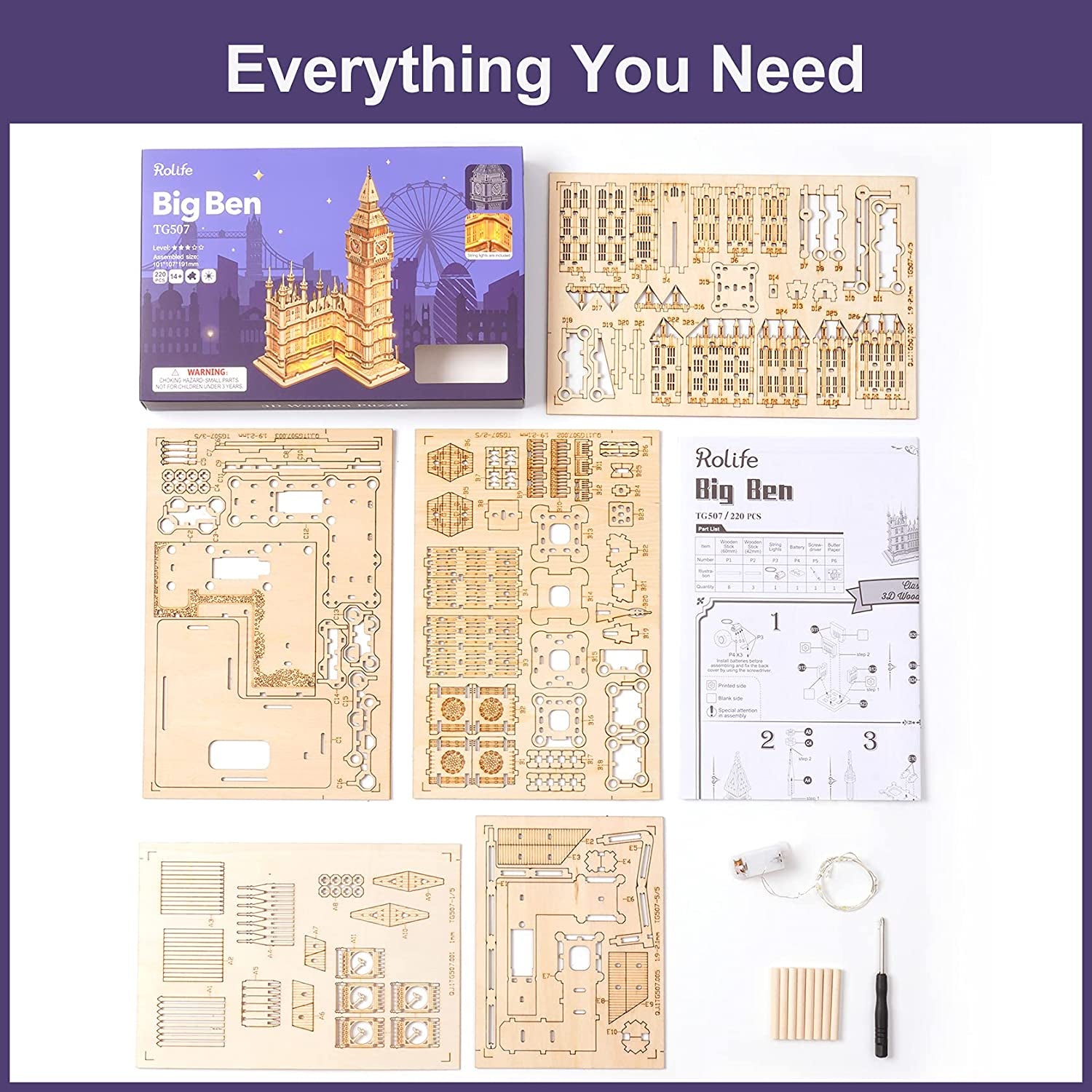 3D Wooden Puzzles Big Ben for Adults & Kids -220 Pieces 3D Puzzle London Architecture Model Kits with LED Desk Decor Gift for Teens/Adults