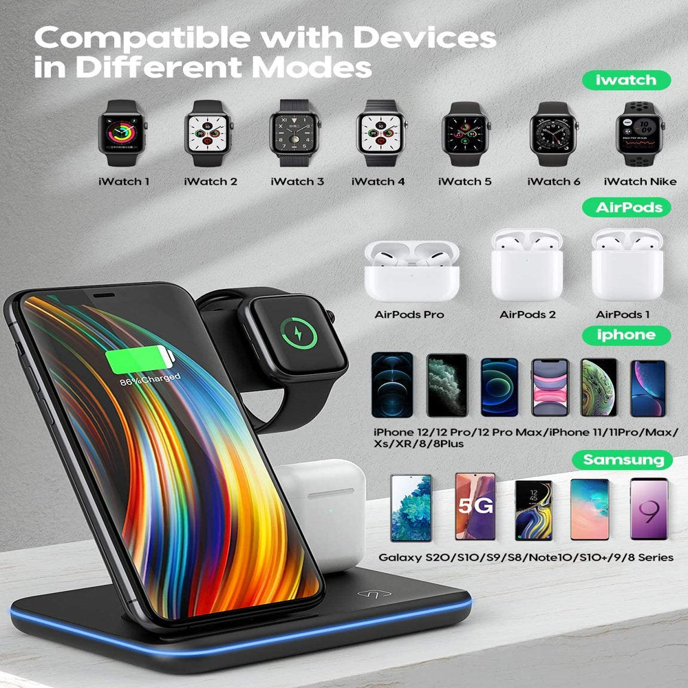 Wireless Charger Station, Qi-Certified 3 in 1 Fast Wireless Charger Stand with Breathing Indicator Compatible with Apple Watch Airpods for Iphone 14/13/12/11/Pro Max/12 Mini/11 Pro/Xr/8 Plus