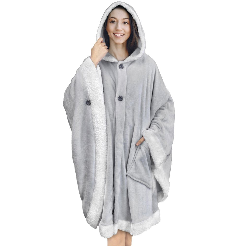 Angel Wrap Hooded Blanket, Wearable Blanket Women, Cozy Poncho Wrap Throw for Adult, Plush Soft Sherpa Fleece Cape Shawl with Pockets Hood, Gift for Wife Mother, Light Gray