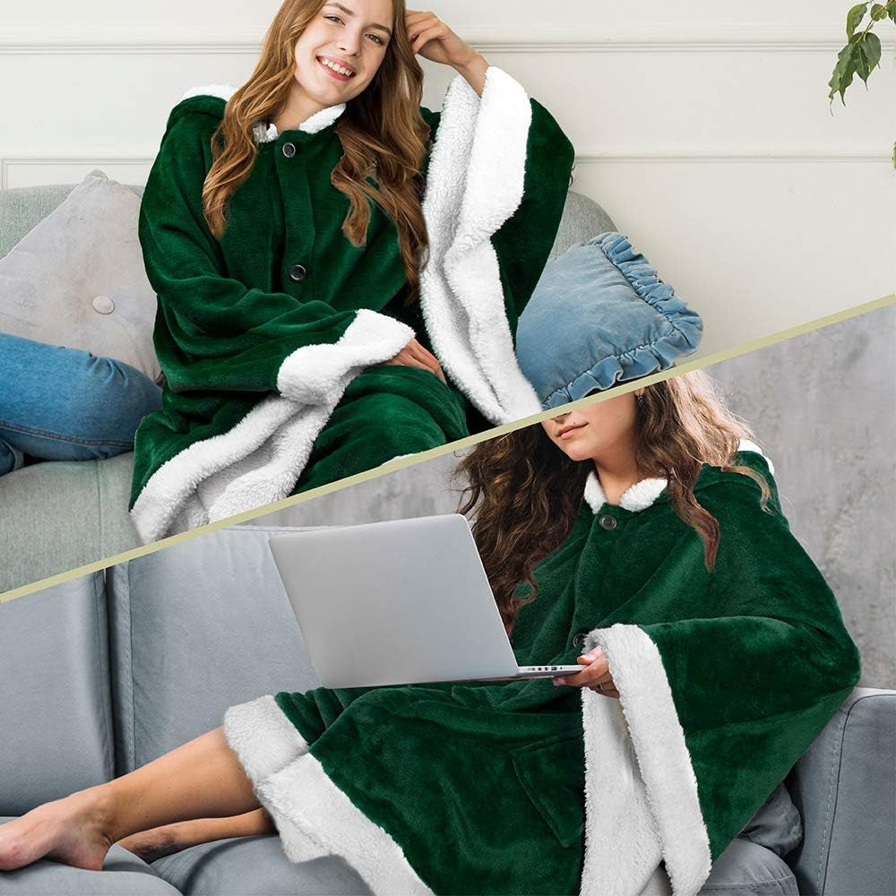 Angel Wrap Hooded Blanket, Sherpa Lined Wearable Blanket Women, Cozy Poncho Wrap Throw for Adult, Plush Warm Cape Shawl with Pockets Hood, Gift for Wife Mother, Emerald Green