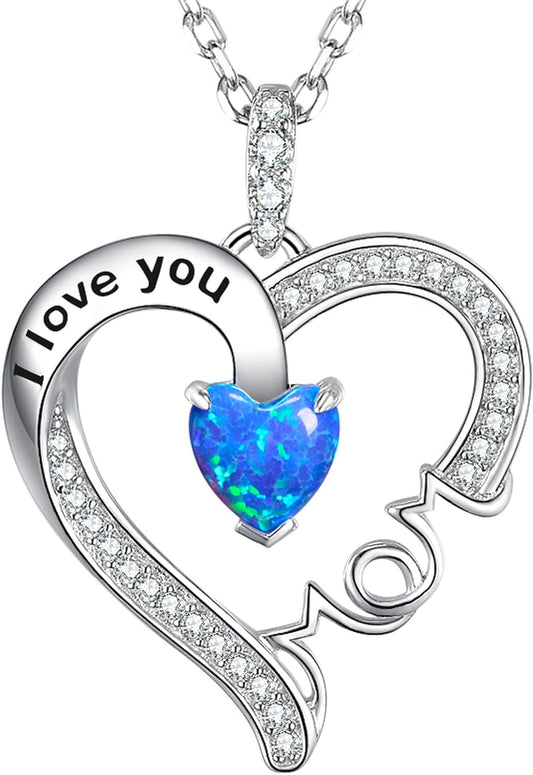 Valentines Day Jewelry Gifts I Love You Mom Necklace for Wife 925 Sterling Silver Pendant with February March Birthstones Amethyst Aquamarine Necklace for Women Birthday Gifts Jewelry Gifts