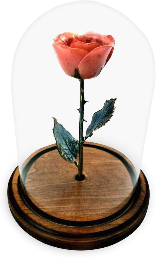 Enchanted Rose, Eternal a Genuine, One of a Kind, Real Pink Rose, Hand Dipped in Lacquer with a Copper Stem and Leaves, in a Glass Dome, Beauty and the Beast