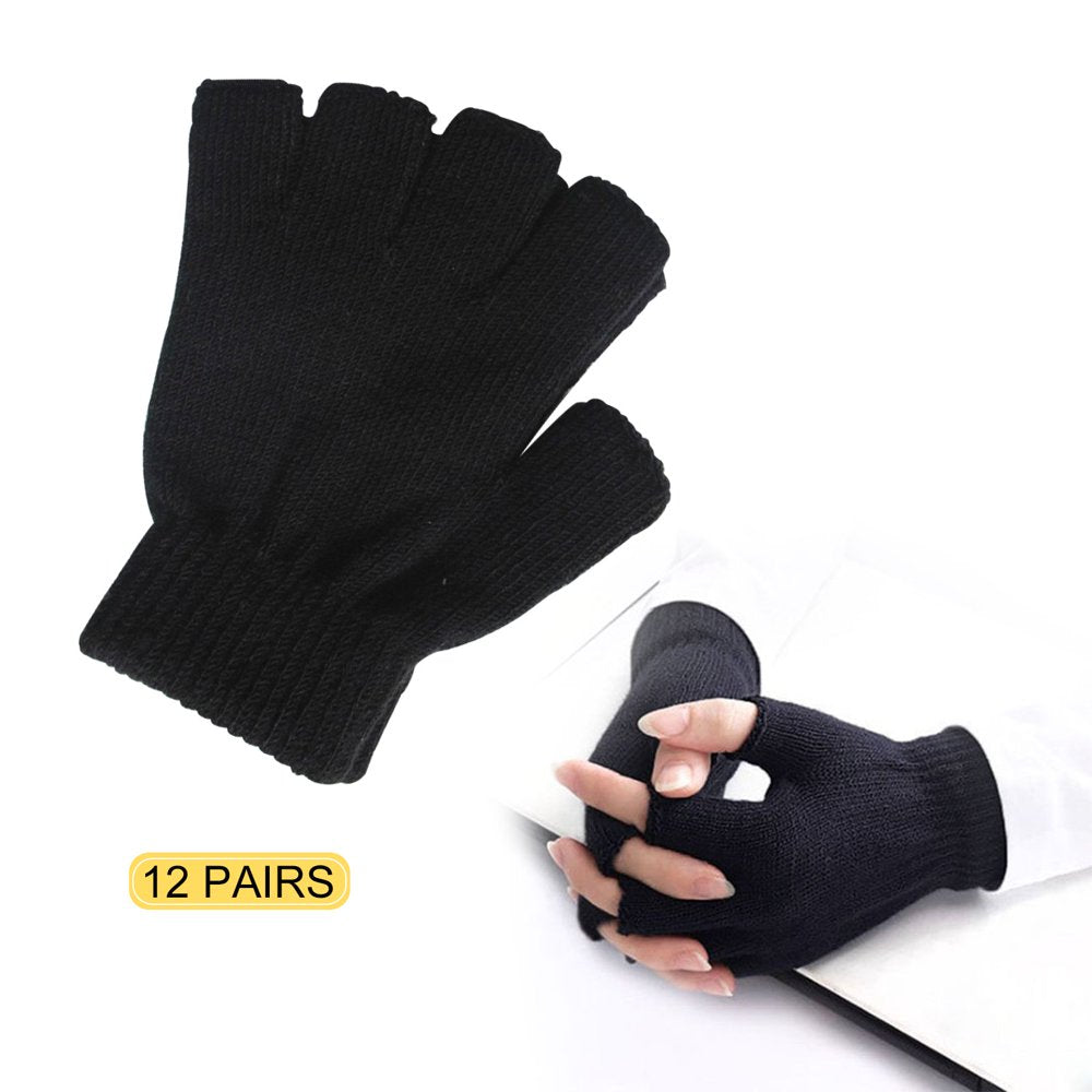 12 Pairs Fingerless Gloves Knit Touchscreen Mittens Black Warm Stretchy Half Finger Gloves for Women Men or Teens