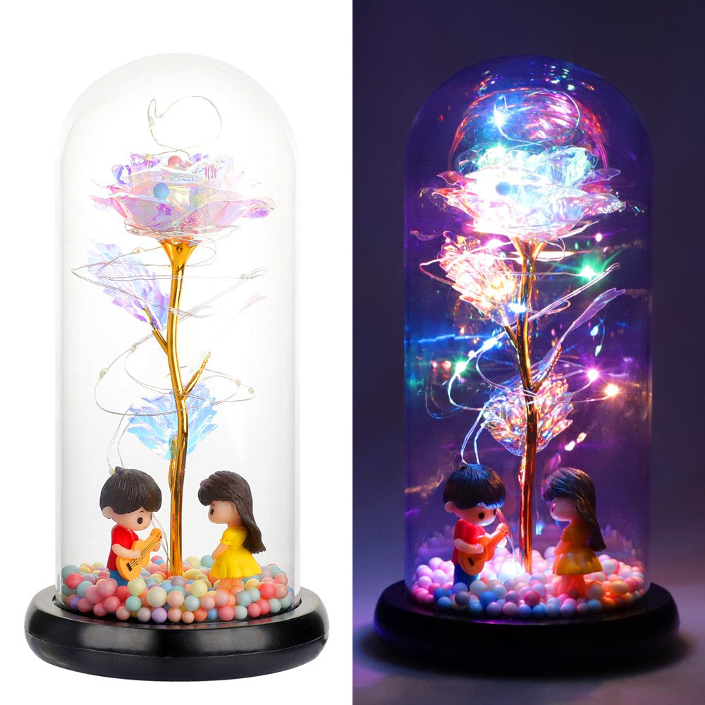 Galaxy Rose Flower Gift,  Colorful Artificial Rose Forever with LED Light String in Glass Dome for Wife Women Wedding Mother'S Valentine'S Day Anniversary and Birthday Thanksgiving Gifts