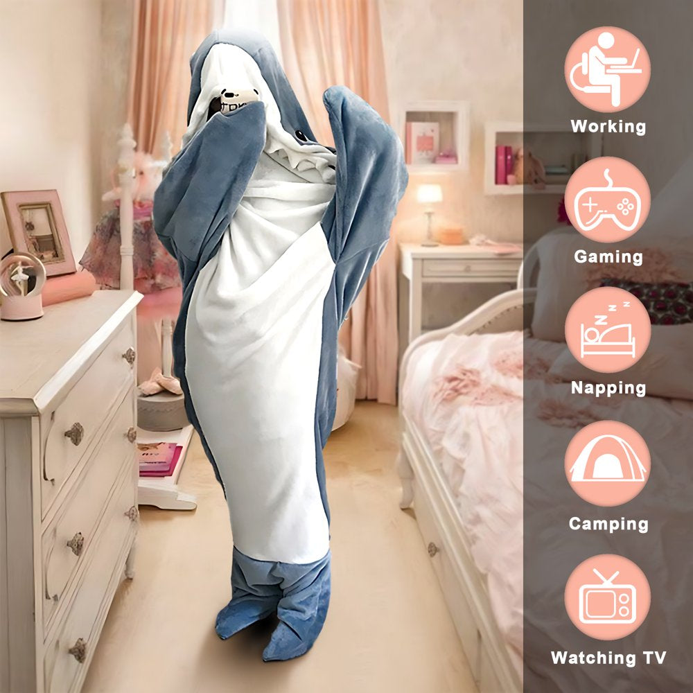 Shark Blanket - Wearable Blanket for Adult Kids, Super Soft Cozy Flannel Hoodie, Shark Onesie, Shark Blanket Hoodie, Shark Sleeping Bag (Gray Blue, XL)