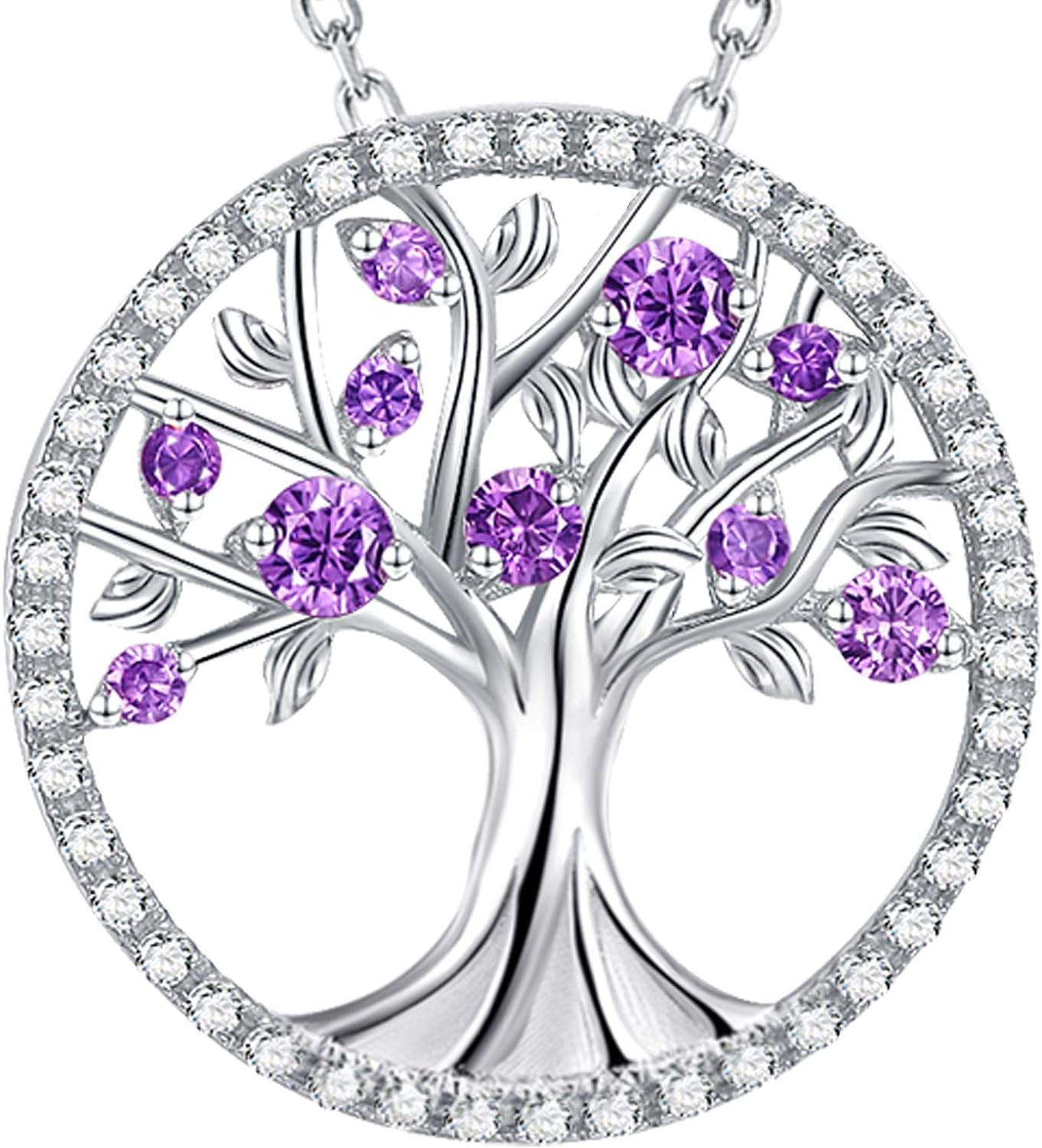 Valentines Day Jewelry Gifts Tree of Life Necklace for Women February March Birthstones Amethyst Aquamarine Necklace for Wife Mom Birthday Gifts for Her S925 Sterling Silver