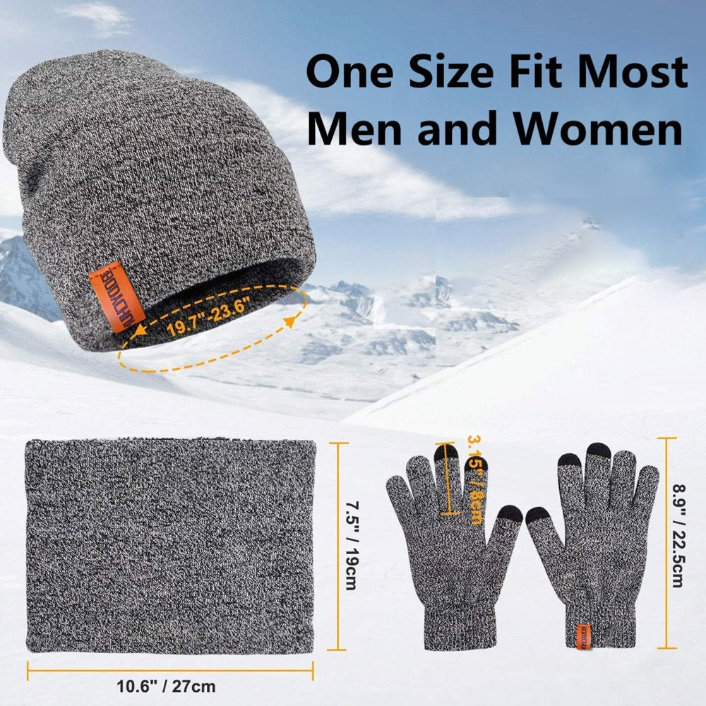 3 Pcs Knit Beanie Hat Scarf and Glove Set for Men and Women, Winter Touchscreen Gloves Fleece Lined Neck Warmer Skull Cap for Skiing, Gray, Christmas Day Gifts