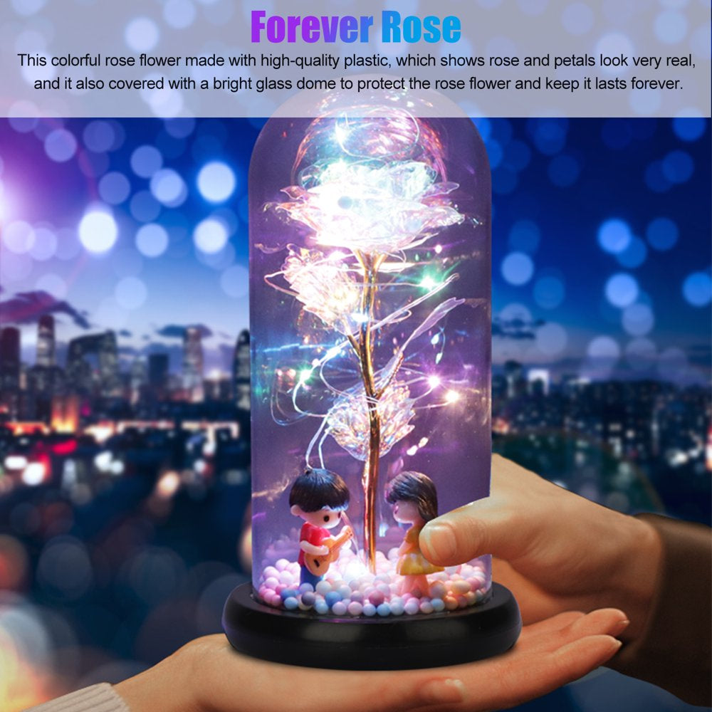 Galaxy Rose Flower Gift,  Colorful Artificial Rose Forever with LED Light String in Glass Dome for Wife Women Wedding Mother'S Valentine'S Day Anniversary and Birthday Thanksgiving Gifts