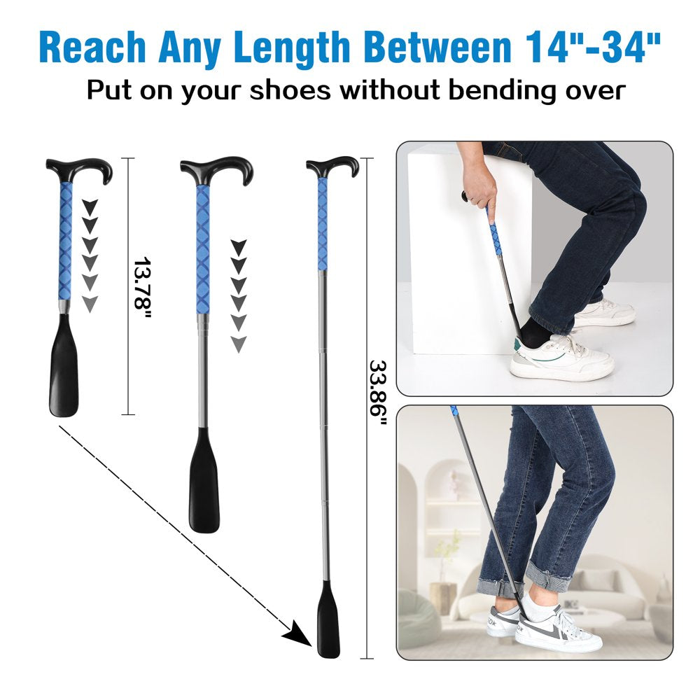 Shoe Horn with Long Handle, 14" to 34" Adjustable and Retractable Expander Shoe Stick, Portable Stainless Steel Long Shoehorn for Seniors with Travel Bag