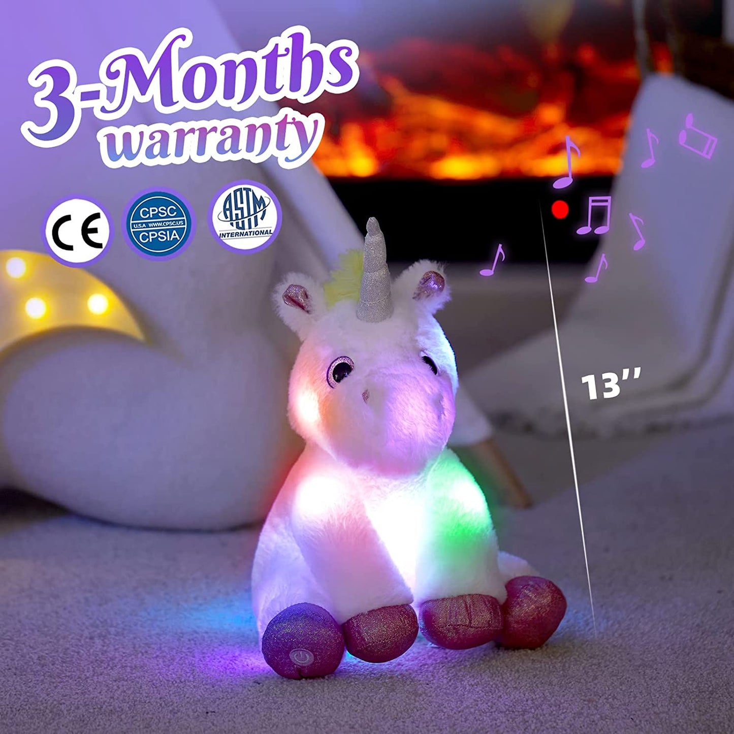 Light up Musical Unicorn Stuffed Animal Soft Hugging Glowing Plush Toy with LED Night Lights Christmas Children'S Day Holiday Birthday Gifts for Toddlers Boys Girls, 13''