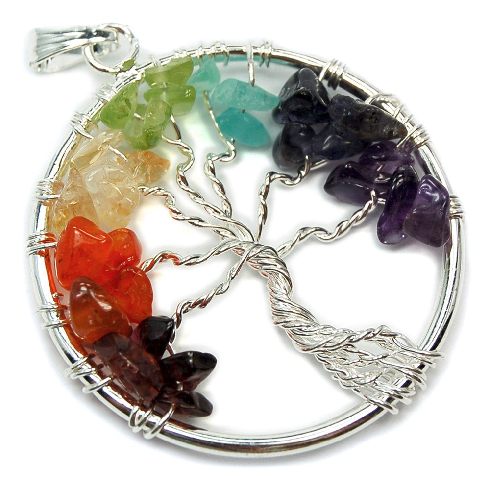 Handmade Genuine Gemstone Rainbow 7 Chakra Crystals Tree of Life Pendant Necklace