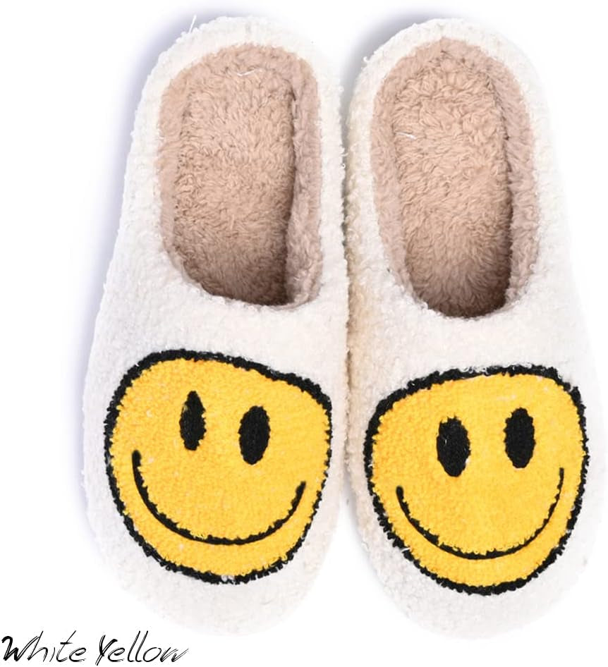 Women'S Men'S Retro Preppy Happy Face Slippers Comfy Warm Plush Slip-On House Slipper for Winter Indoor Soft Cushion Non-Slip Fluffy Slides Slippers