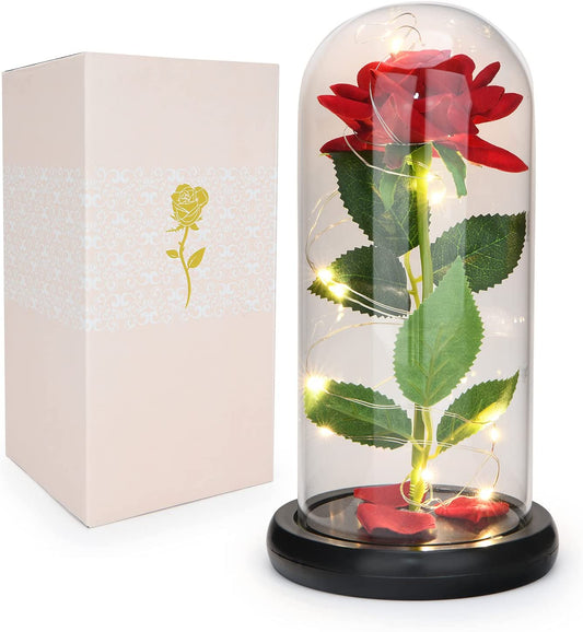 Beauty and the Beast Rose Enchanted Flower with Petals in Glass Dome Personalized Gifts for Women Girlfriend Valentine’S Day Mother’S Day Christmas Anniversary Birthday (Red)