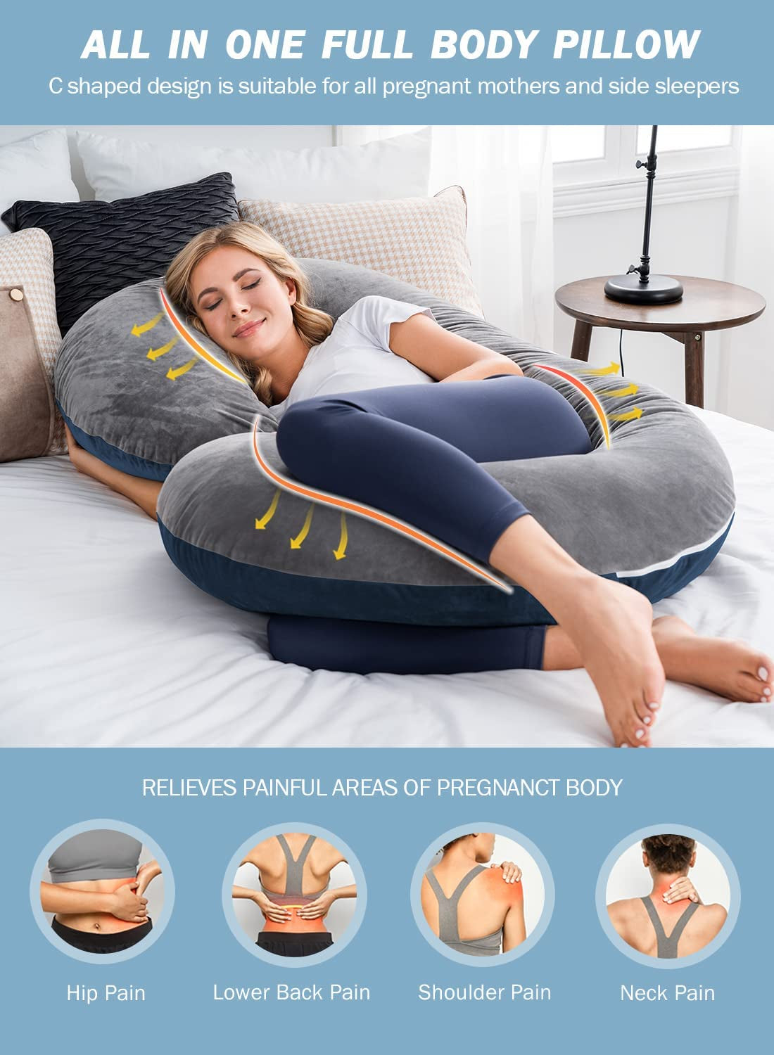 Pregnancy Pillow,Maternity Body Pillow for Sleeping,C Shaped Body Pillow for Pregnant Women with Removable Velvet Cover