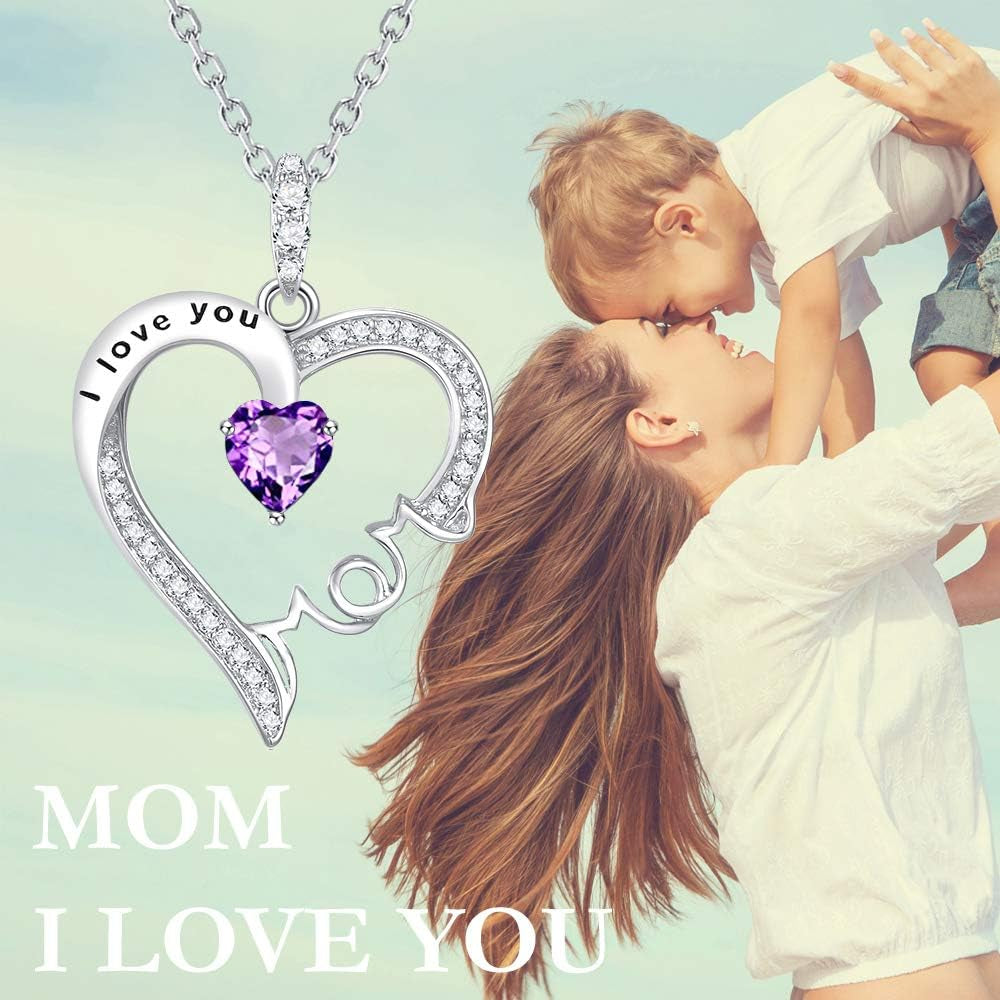 Valentines Day Jewelry Gifts I Love You Mom Necklace for Wife 925 Sterling Silver Pendant with February March Birthstones Amethyst Aquamarine Necklace for Women Birthday Gifts Jewelry Gifts