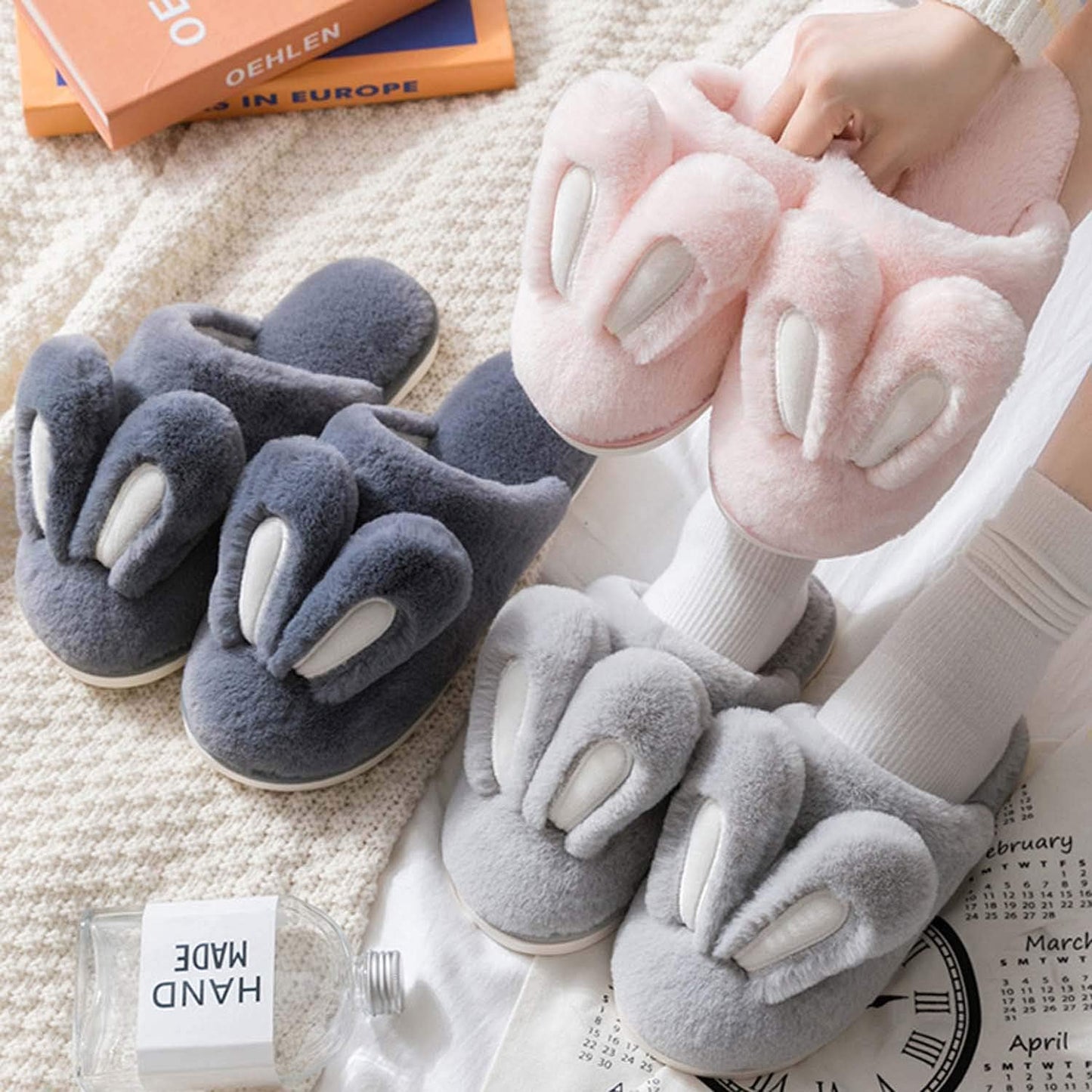 Women Slippers, Cute Rabbit Ears Plush House Slippers for Women,Non-Slip Fluffy Slippers Indoor Warm Plush Animal Slippers