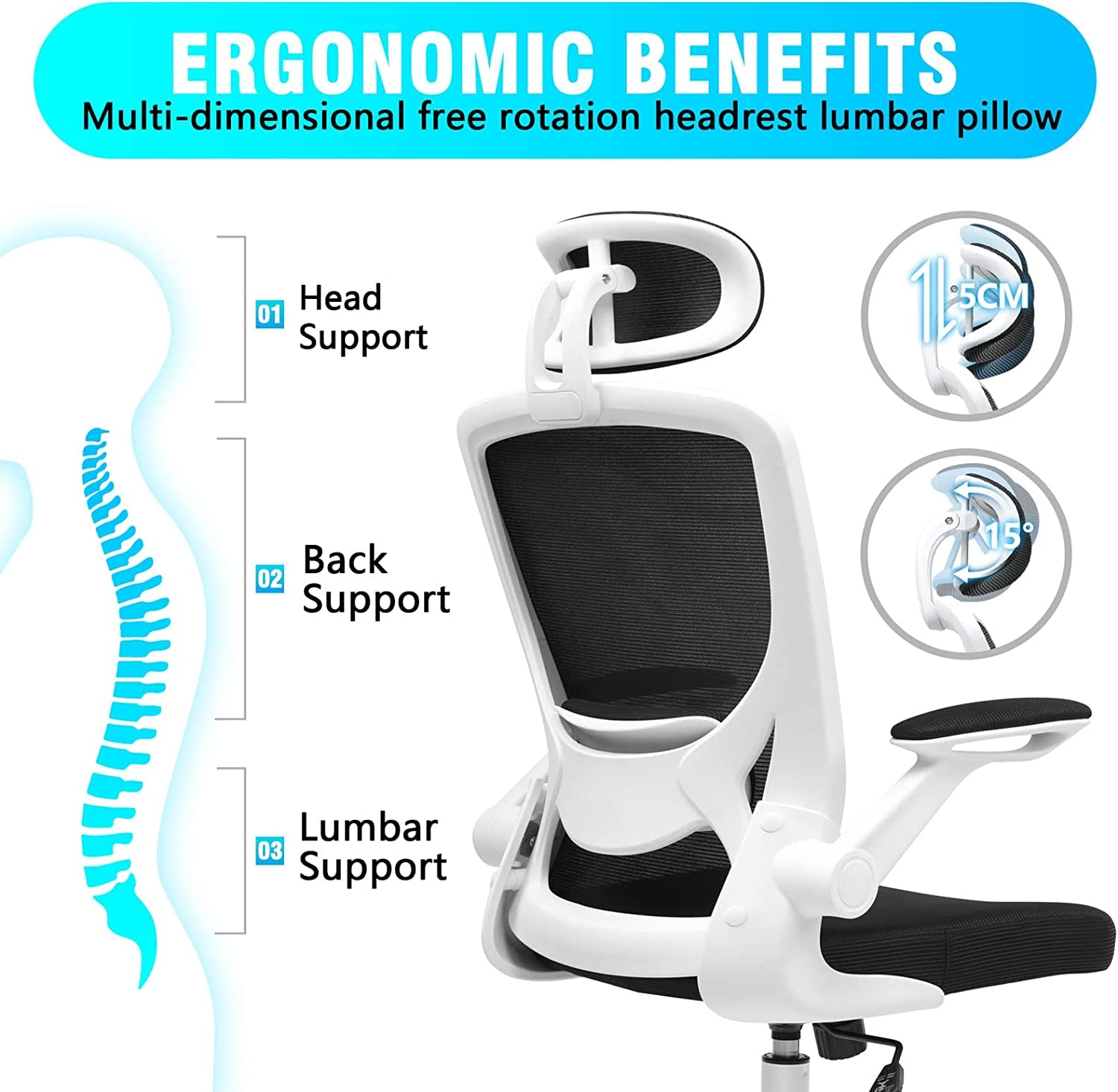 Ergonomic Office Chair, Breathable Mesh Desk Chair, Lumbar Support Computer Chair with Headrest and Flip-Up Arms, Swivel Task Chair, Adjustable Height Gaming Chair, White