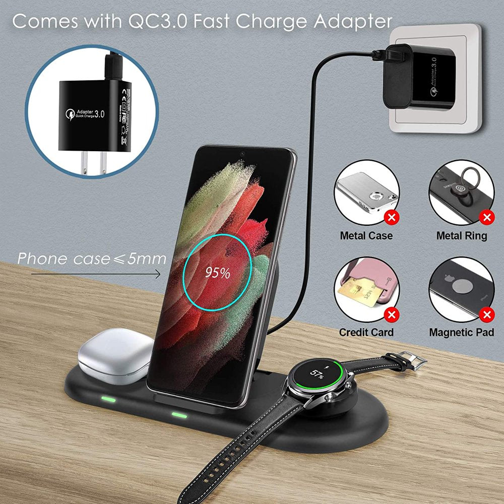 3 in 1 Wireless Charging Station for Samsung Galaxy S23 Ultra/S23/S23+/Z Fold 5/Z Flip5/Z Fold 3/S22/S21/S20, Samsung Watch Charger for Galaxy Watch 6 Classic/ 6/5 Pro/4/3/Active 2, Galaxy Buds2 Pro