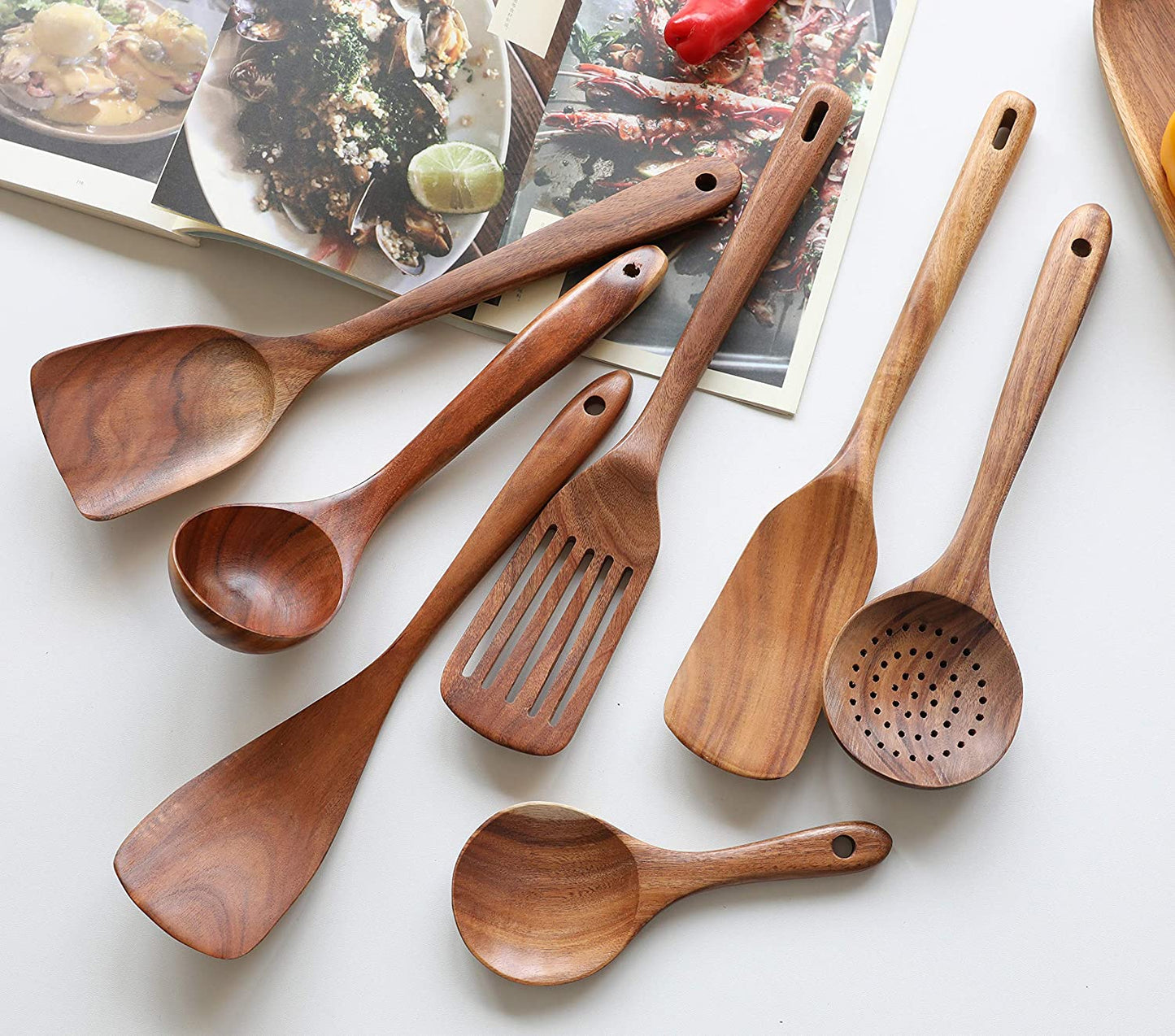 Wooden Cooking Utensils Set of 7, Wooden Cooking Tools - Natural Nonstick Hard Wood Spatula and Spoons - Durable,Wooden Spoons for Cooking