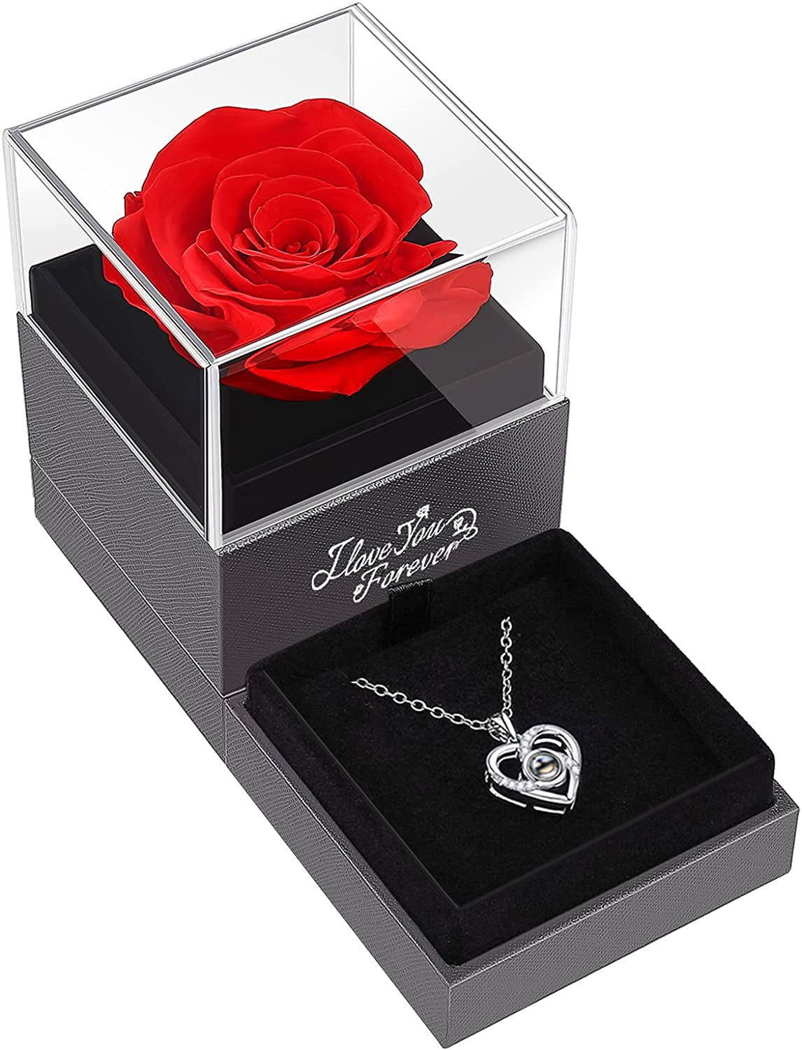 Preserved Real Red Rose with I Love You Necklace -Eternal Flowers Rose Gifts for Mom Wife Girlfriend, Valentines Day Gifts for Her, Mothers Day Christmas Anniversary Birthday Gifts for Women