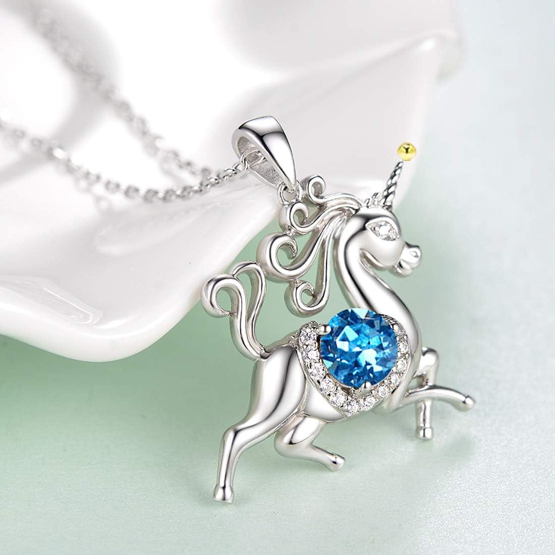 Valentines Day Birthday Gifts Unicorn Necklace for Daughter 925 Sterling Silver Animal Pendant Necklace February March Birthstone Amethyst Aquamarine Jewelry for Wife Girlfriend