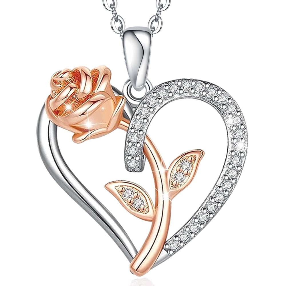 Necklace Gift for Wife from Husband Valentines Day Gift for Women Rose Heart Sterling Silver Necklace for Girlfriend Birthday Gifts Rhodium 18K Rose Gold