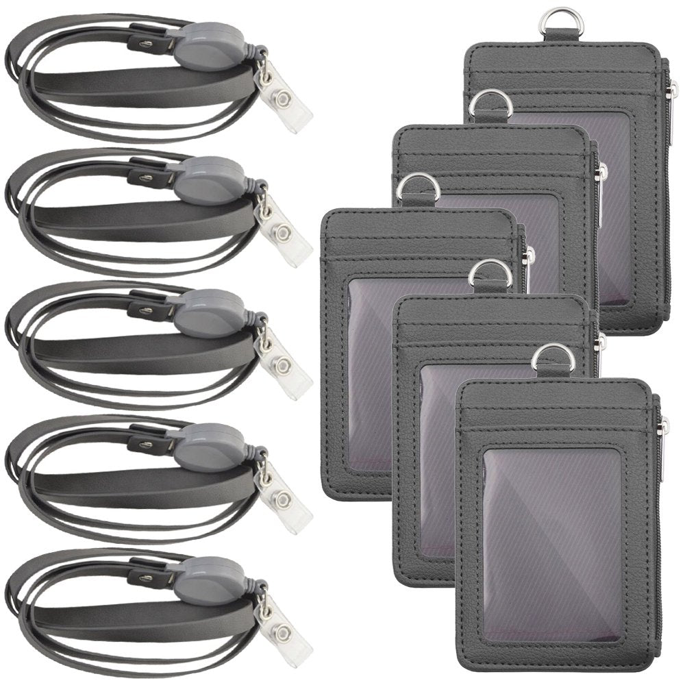 Badge Holder with Zip, Slim PU Leather ID Badge Card Wallet Case with 20" Neck Lanyard and Retractable Badge Reel-Gray5Pcs