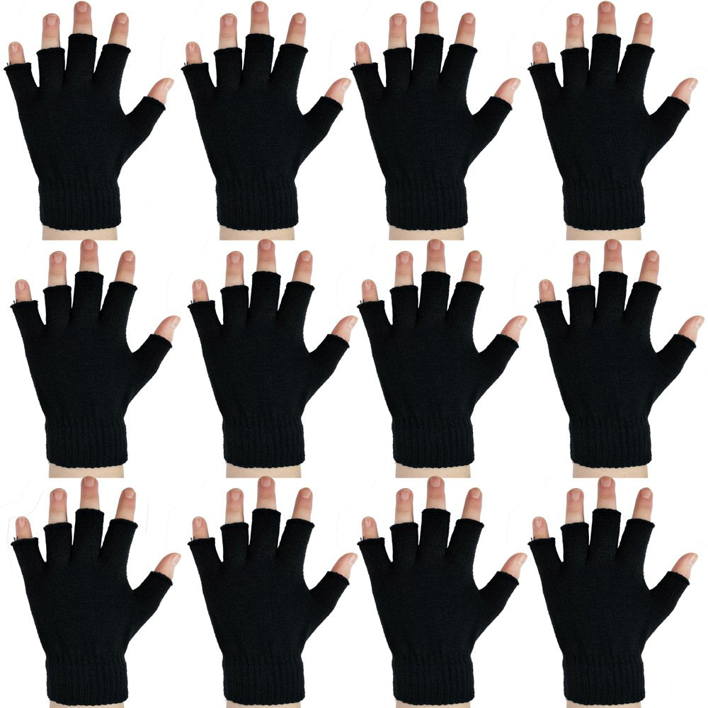 12 Pairs Fingerless Gloves Knit Touchscreen Mittens Black Warm Stretchy Half Finger Gloves for Women Men or Teens