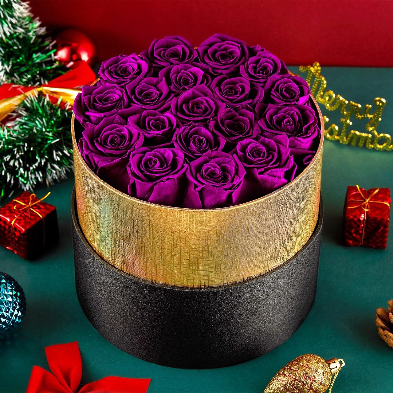 Preserved Roses That Last a Year Forever Flowers in a Box Flowers for Delivery Prime Gifts for Her Valentines Day Mothers Day (Round Black Box, 18 Purple Roses)