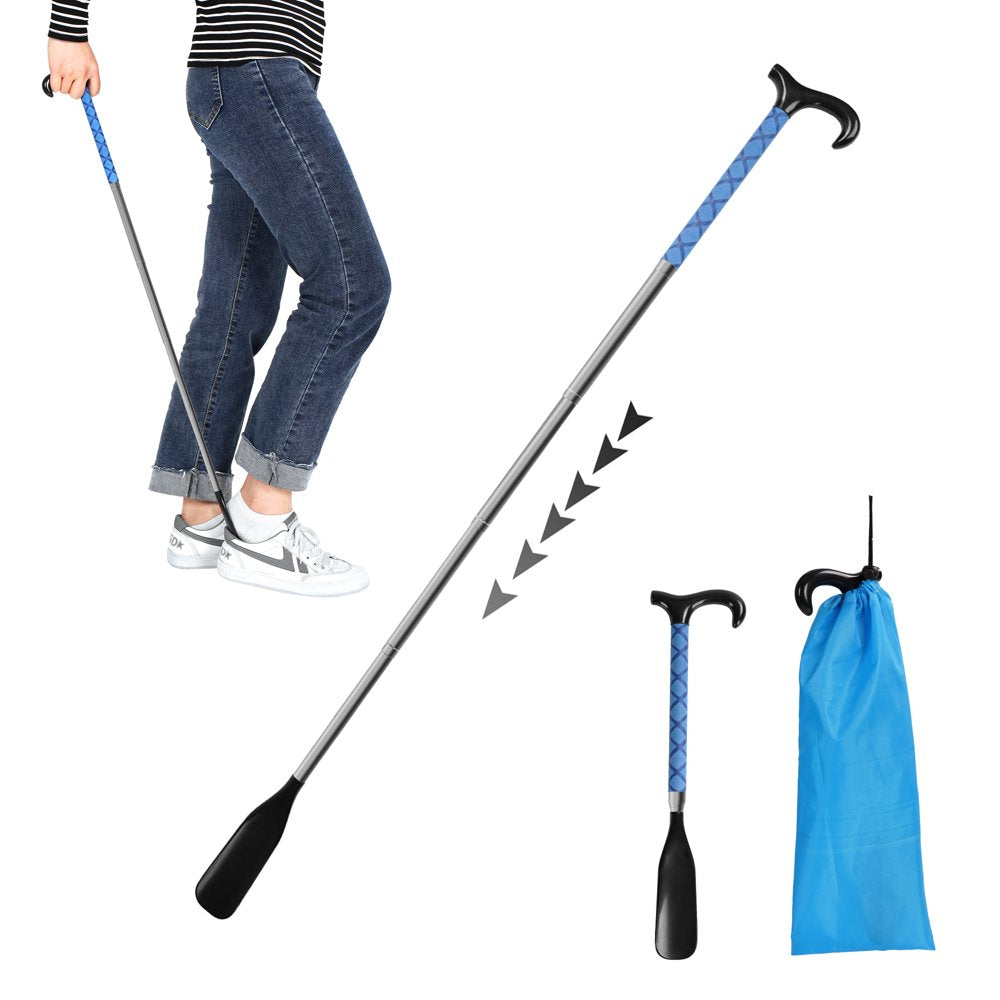 Shoe Horn with Long Handle, 14" to 34" Adjustable and Retractable Expander Shoe Stick, Portable Stainless Steel Long Shoehorn for Seniors with Travel Bag