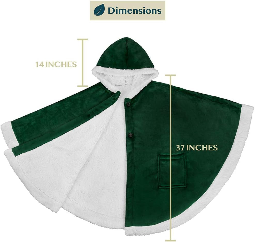 Angel Wrap Hooded Blanket, Sherpa Lined Wearable Blanket Women, Cozy Poncho Wrap Throw for Adult, Plush Warm Cape Shawl with Pockets Hood, Gift for Wife Mother, Emerald Green