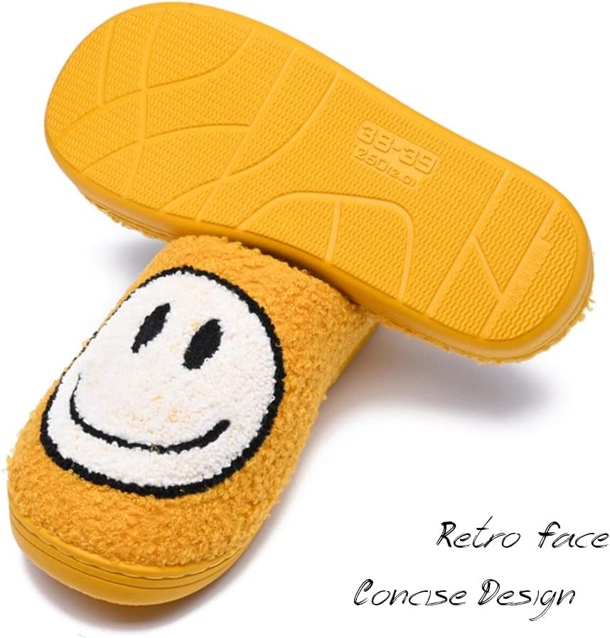 Women'S Men'S Retro Preppy Happy Face Slippers Comfy Warm Plush Slip-On House Slipper for Winter Indoor Soft Cushion Non-Slip Fluffy Slides Slippers