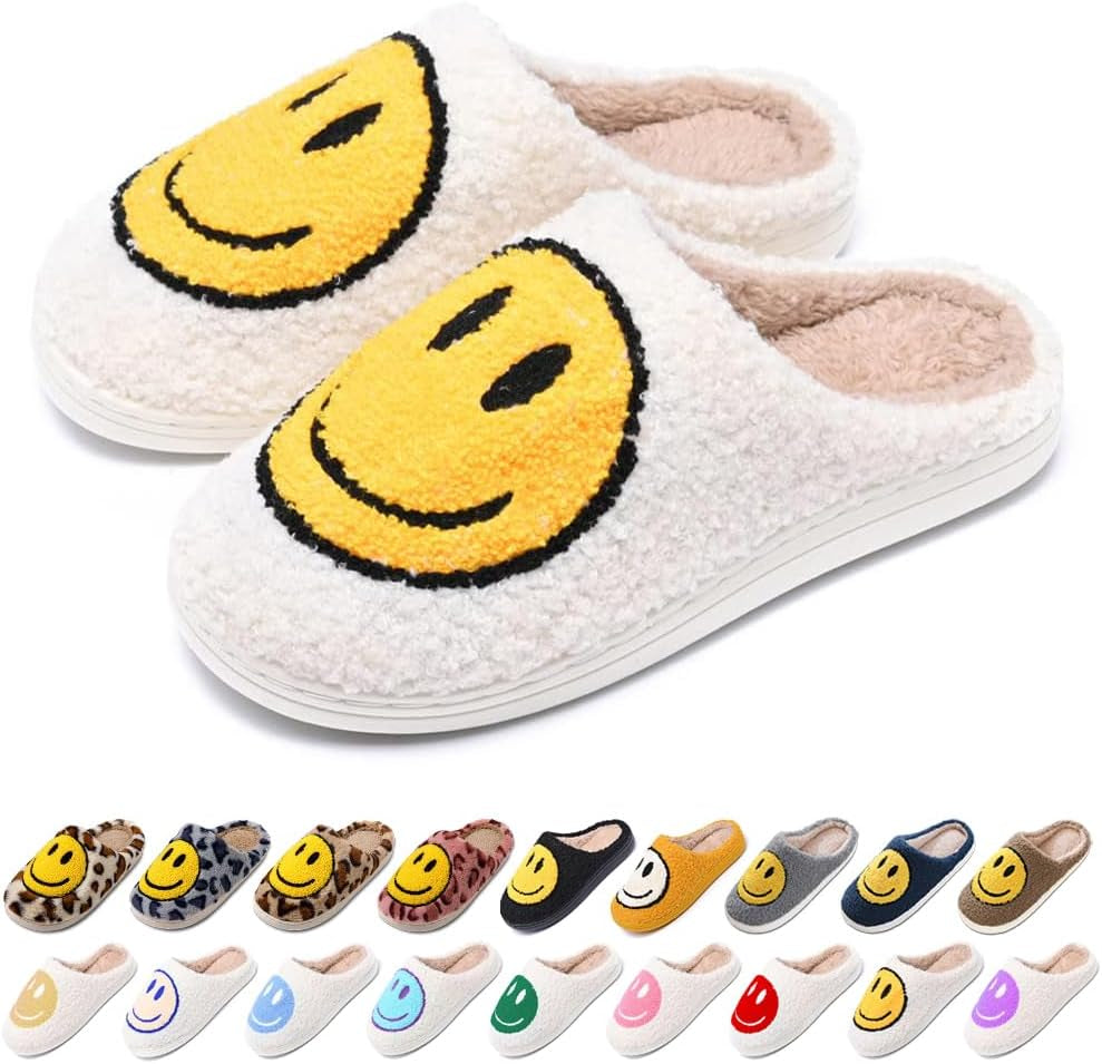 Women'S Men'S Retro Preppy Happy Face Slippers Comfy Warm Plush Slip-On House Slipper for Winter Indoor Soft Cushion Non-Slip Fluffy Slides Slippers